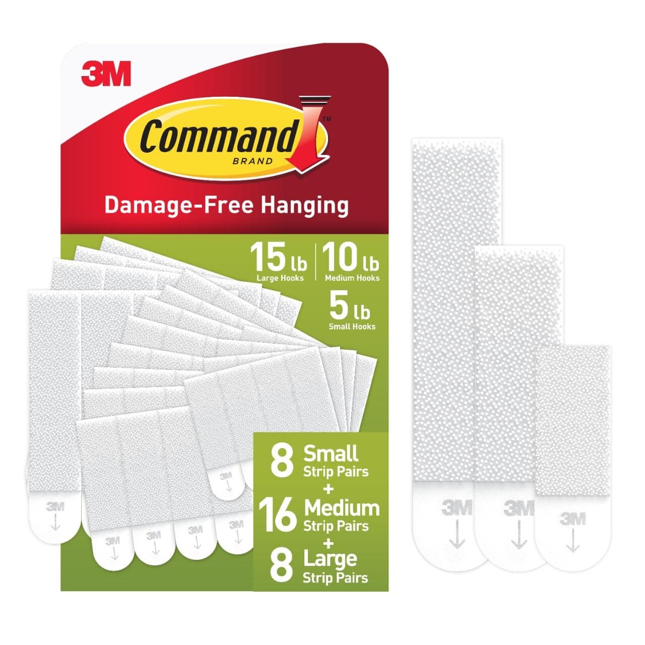 15, 10, & 5 lb Large, Medium and Small 32 Pairs Picture Hanging Strips (64 Strips), Damage-Free Hangers for Picture Frames, No Tools Required, Great for Home Room Wall Decor, White Adhesive
