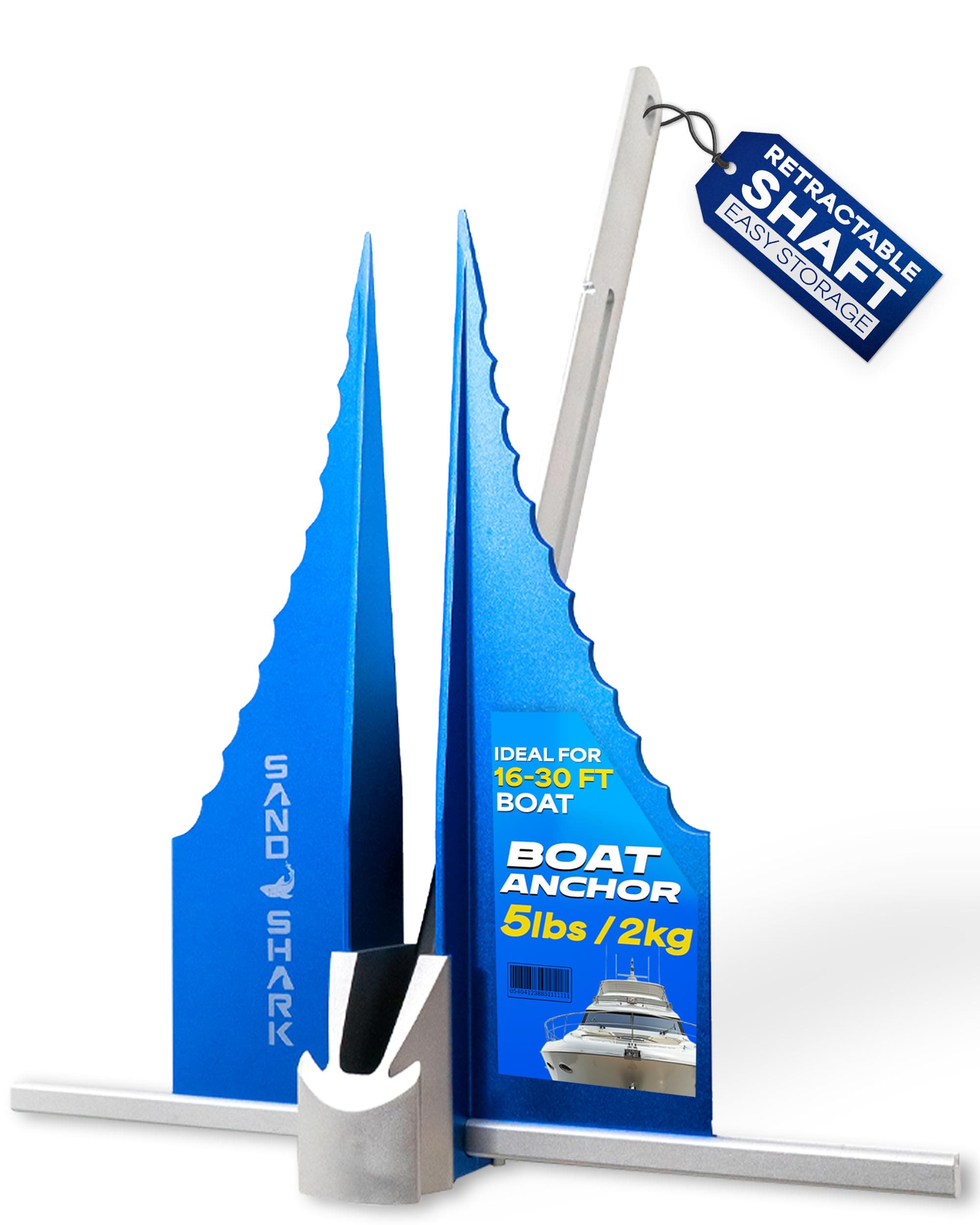 SandShark Shark-Bite Fluke Boat Anchor Retractable Heavy-Duty Aluminum Shaft w/Auto-Holding Serrated-Fins.
