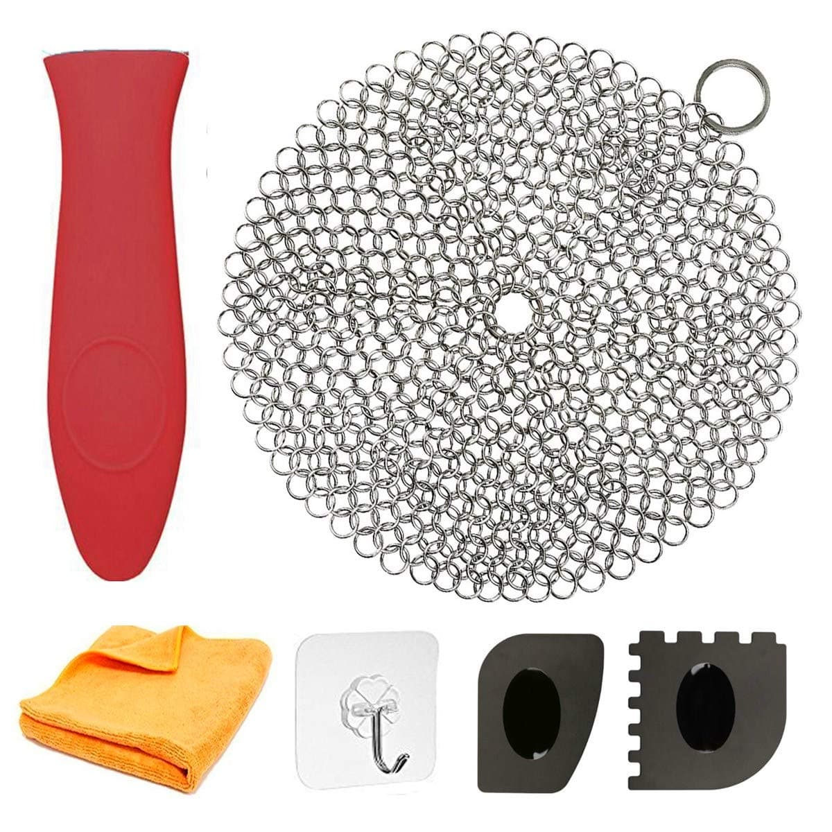 Cast Iron Cleaner 7” Circle Premium Stainless Steel Chainmail Scrubber Cast Iron Cleaning Kit Hot Handle Holder + Pan Scraper + Grill Scraper + Kitchen Towel (6 Pack)