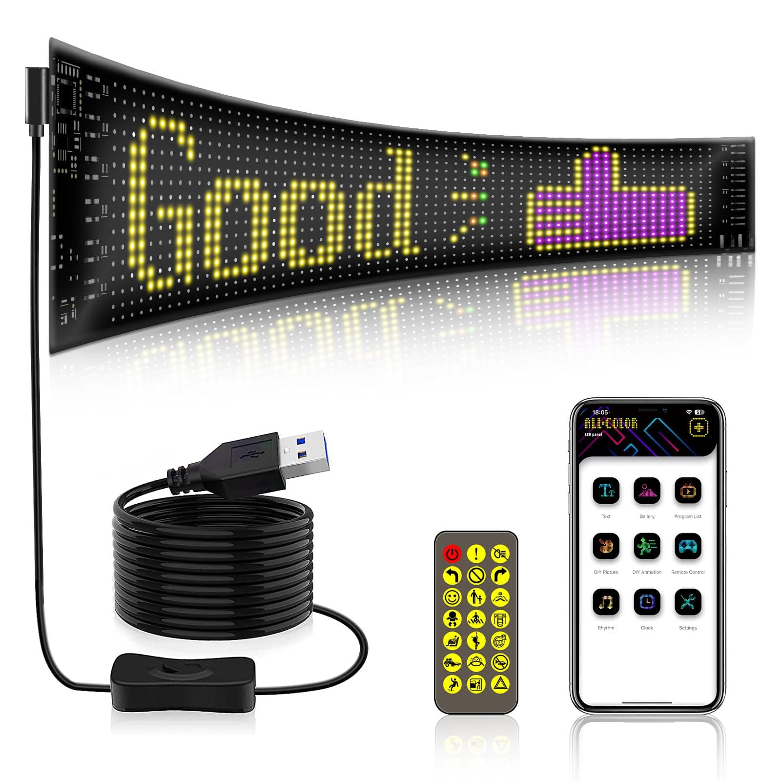 – Car LED Sign, Flexible LED Matrix Panel 37.5x9.2cm/ 15x4", Bluetooth App Control Scrolling Led Display Board, Programmable DIY Edit Animations Text Message Board w/Remote Control