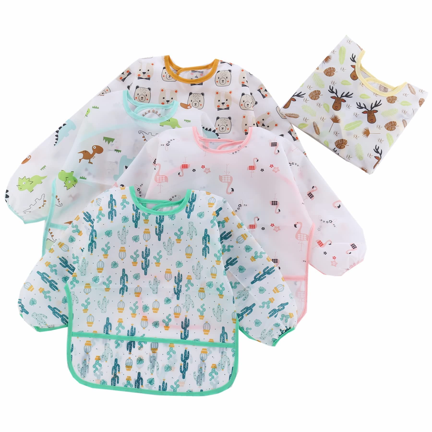 5 Pcs Long Sleeved Baby Toddler Bibs Waterproof Sleeved Bib 3-24 Months, Blue