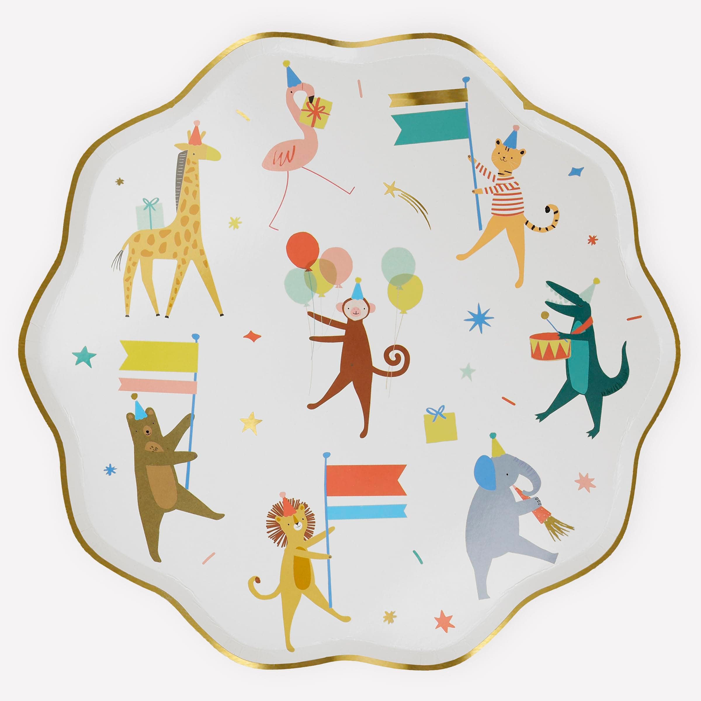 Meri Meri Animal Parade Dinner Plates (Pack of 8) - Colorful Disposable Party Plates with Gold Foil Details, Great Kids Birthday Party Supplies or Animal Theme Party Supplies