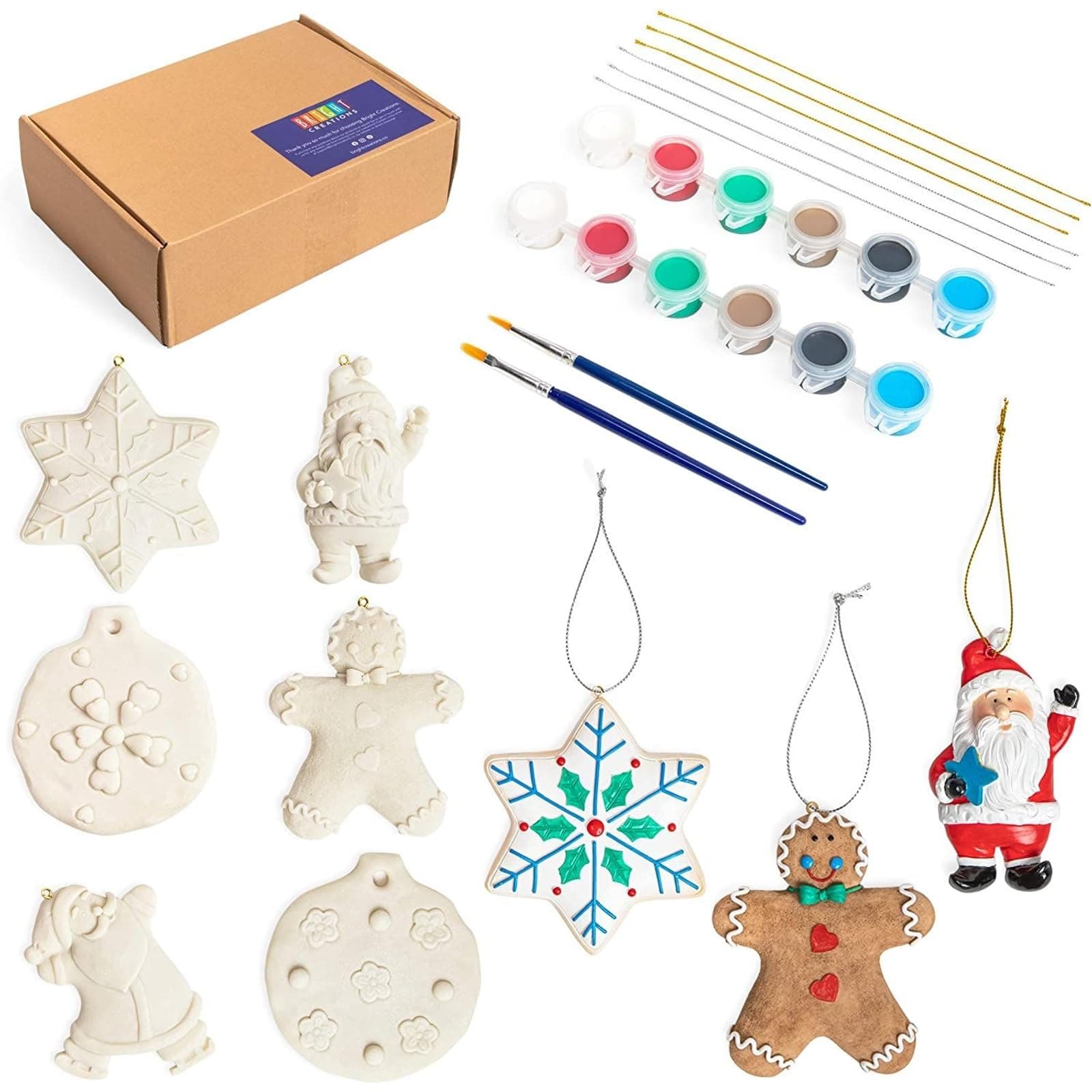 Bright Creations Paint Your Own Ceramic Ornaments Kit - Includes Paint Set & Brushes - Ceramic Painting Kit with Unpainted Pieces & Hanging Strings - DIY Set for Kids & Adults - 2.3 x 4 in, Pack of 4