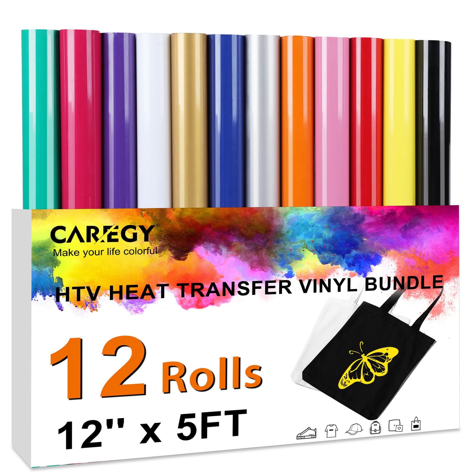 CAREGY HTV Heat Transfer Vinyl Bundle -12 Pack 12'' x 5FT Heat Transfer Vinyl Rolls, Easy Cutting Iron on Vinyl for Cricut, Easy to Weed Heat Transfer Vinyl
