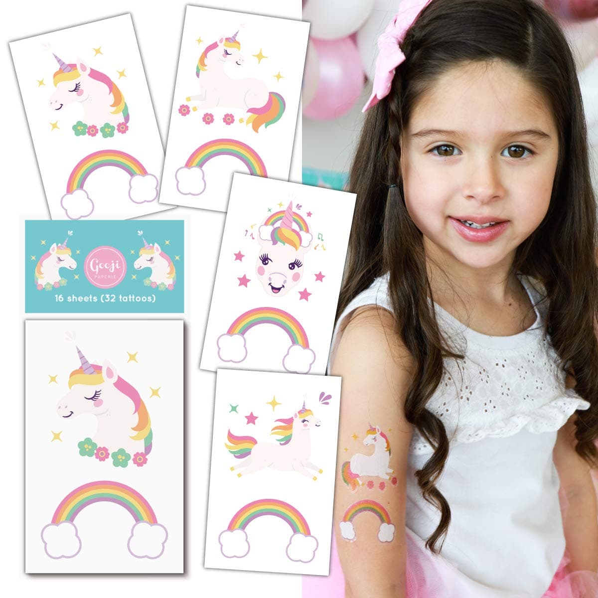 Gooji Unicorn Temporary Tattoos (16 sheets, 32 tattoos) Party Favors and Supplies for Children's Birthday | Fake, Non-Toxic, Skin Safe | Bright, Colorful Designs for Kids, Adults | Easily Removable