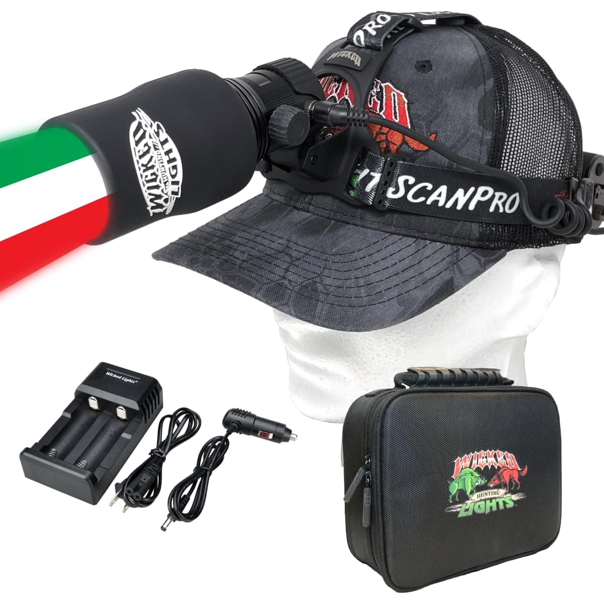 Wicked Lights ScanPro iC GEN4 3-Color-in-1 (Green, Red, White LED) Night Hunting Headlamp Kit for Coyote, Predator, Varmint & Hogs W2100