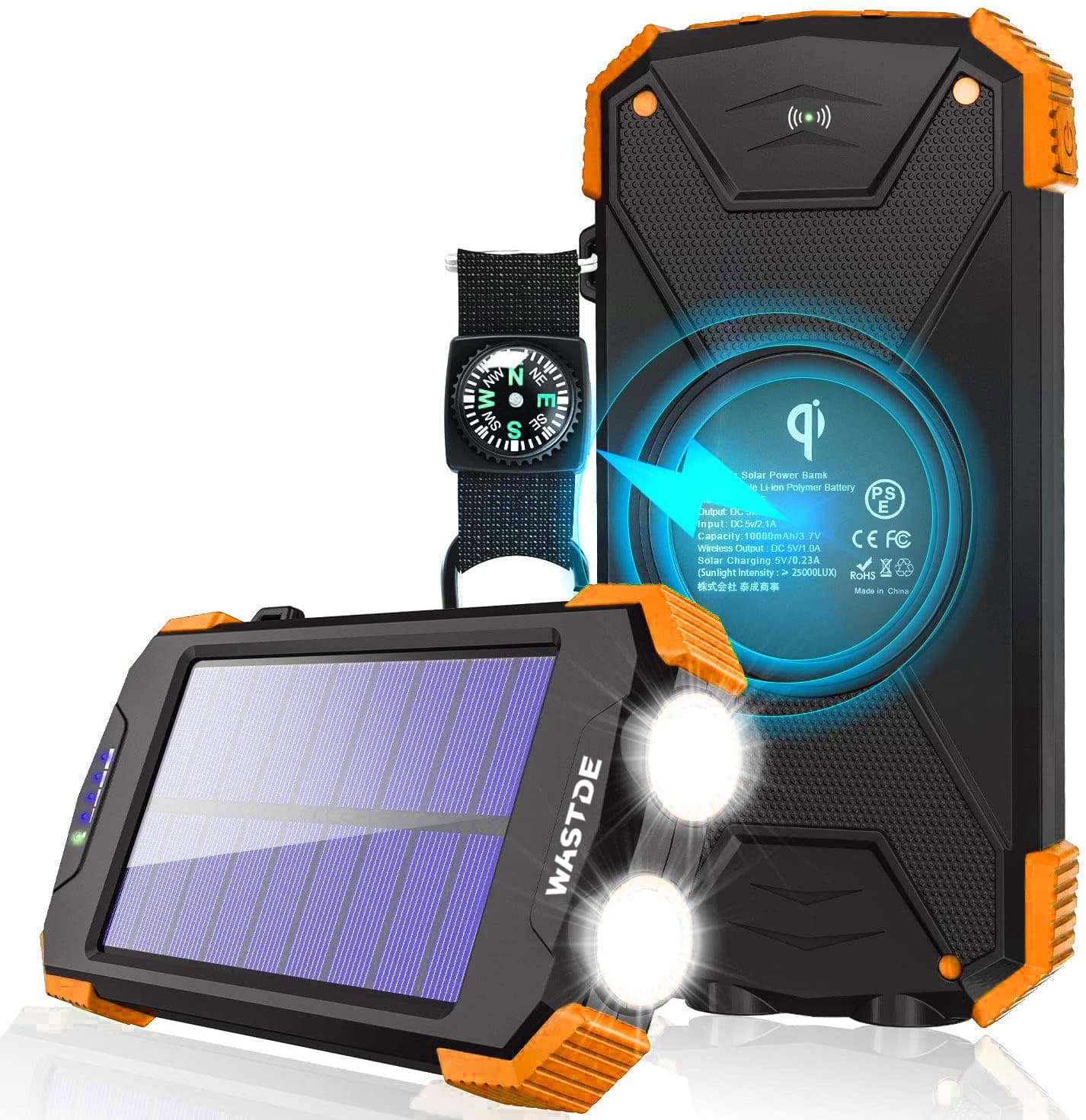 WASTDE Solar Power Bank 10000mAh, Portable Charger Qi Wireless USB C Fast Charging, Battery Bank with Solar Panel Built-in Dual Led Flashlights, Compass Carabiner for Camping Outdoors (Orange)