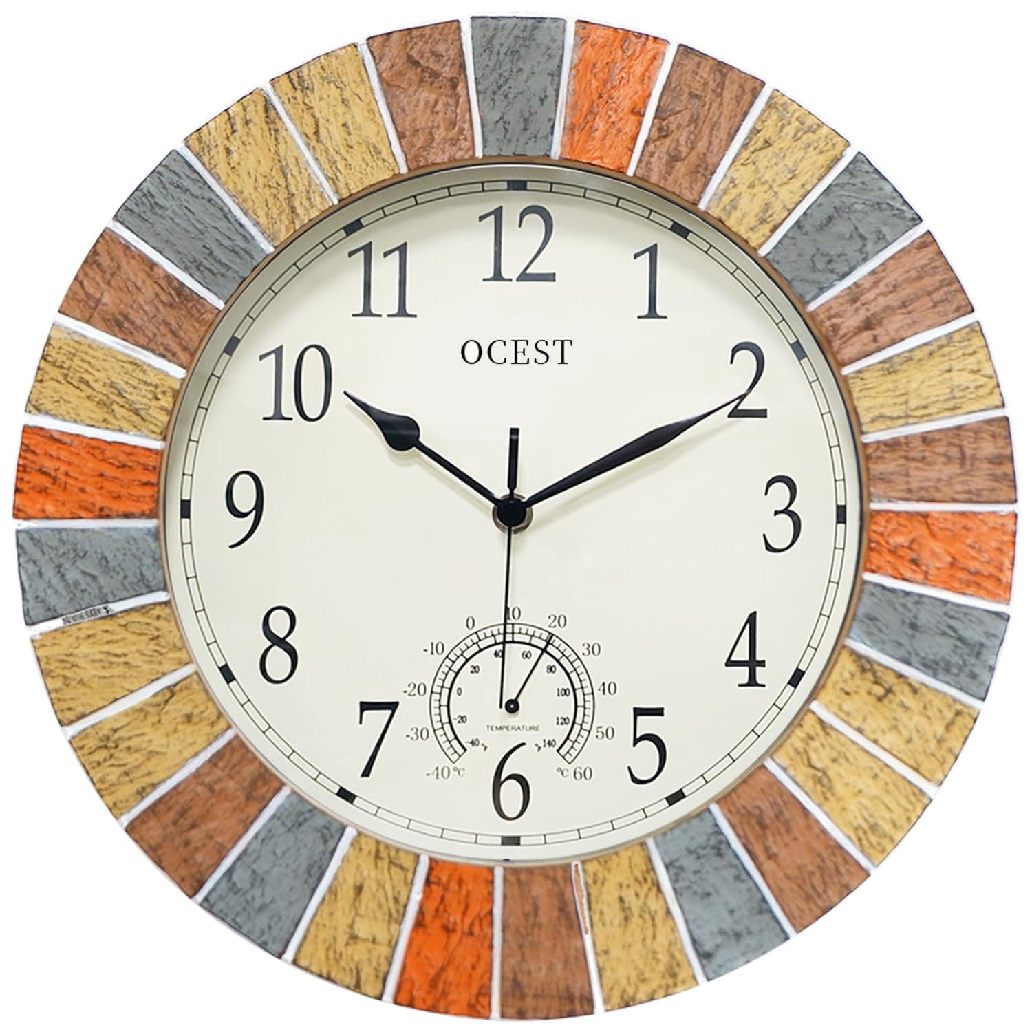 OCEST 13 Inch Indoor Outdoor Clock Waterproof with Thermometer, Weather-Resistant Non-Ticking Battery Operated Decor Clock for Patio, Pool, Lanai, Fence, Porch, Garden (Yellow)