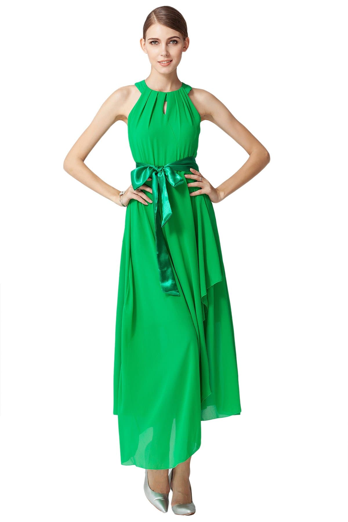 Amoluv Women's Fashion Elegant Chiffon Tie Neck Halter Maxi Dress