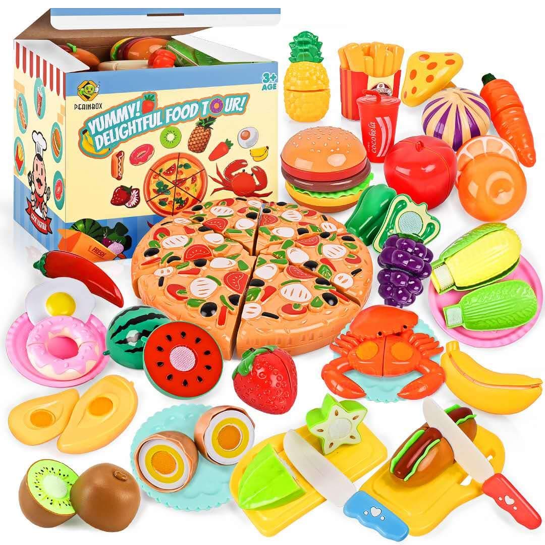 70PCS Kids Pretend Play Food Sets for Children Kitchen Toys Accessories Set BPA Free Plastic Pizza Toy Food Fruits and Vegetables Playset Christmas Birthday Gift Role Play Toys for Kids Boys Girls