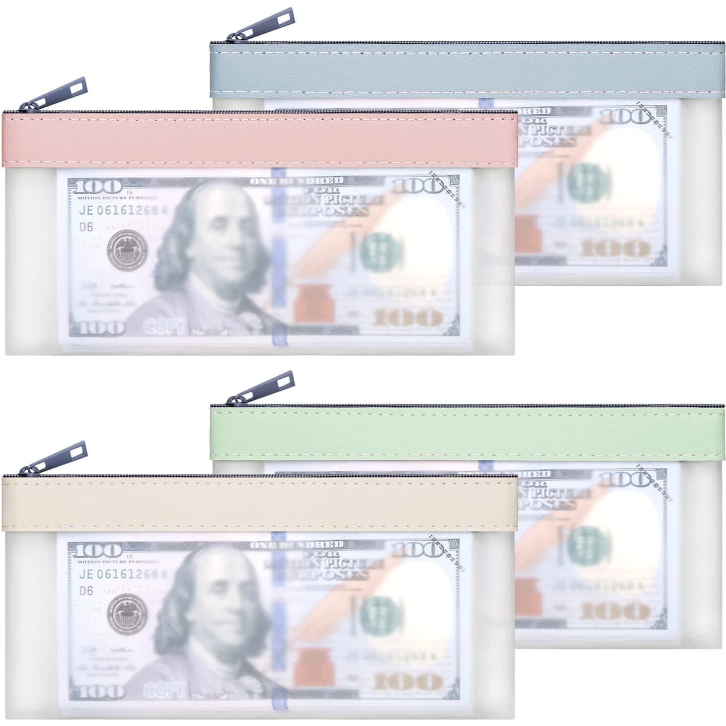 4 Pieces Money Bags With Zipper, Cash Envelopes,7.6 x 3.7 inch Money Pouch, Clear Bank Deposit Bags, Bank Bag, Cash Bag, Coin Bag for Collectors, Multi-Purpose Check Wallet with 4 Colors, green, pink,