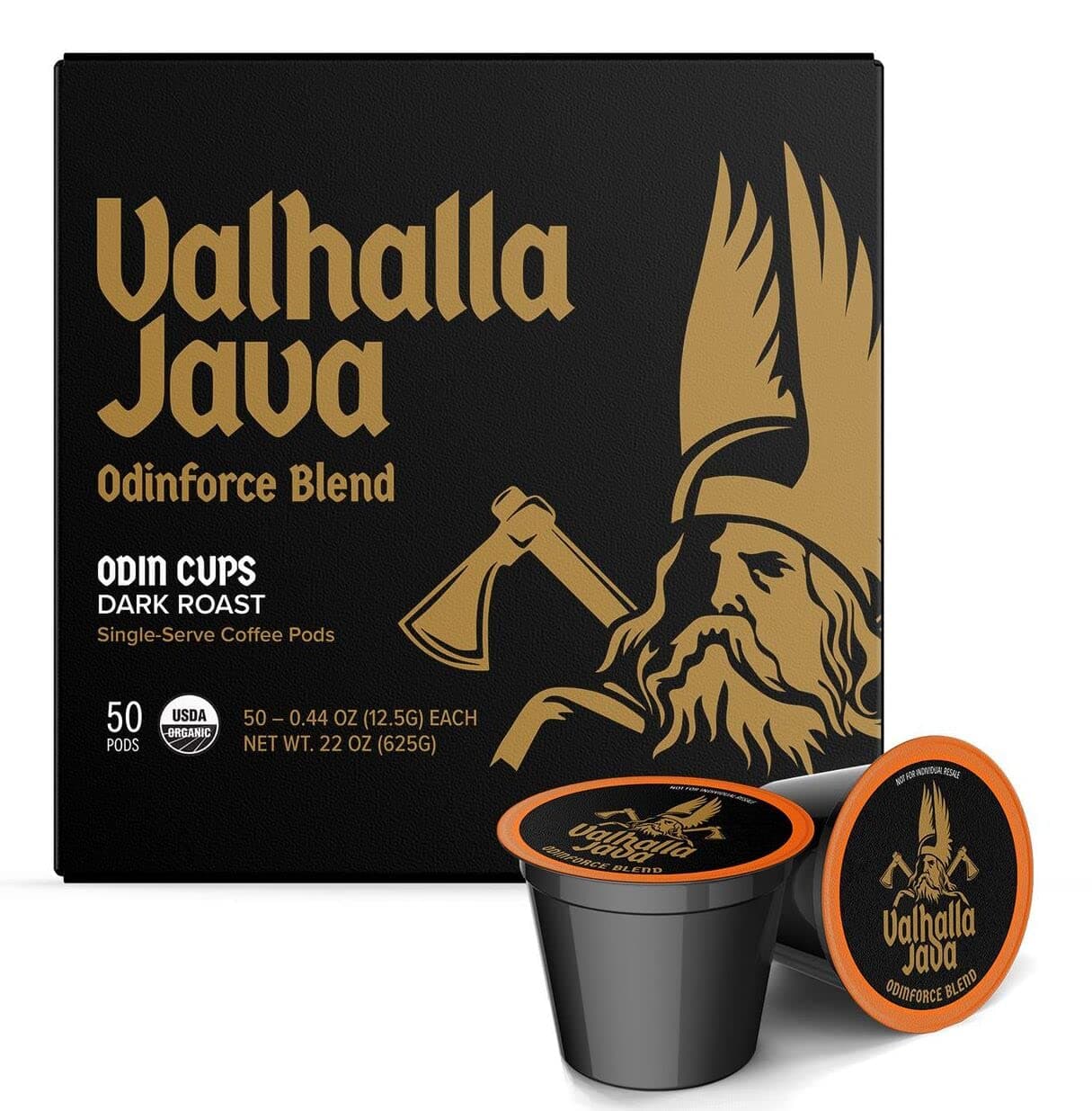 Death Wish Coffee, Valhalla Java Single Serve Pods - Extra Kick of Caffeine - Dark Roast Coffee Pods - Made with USDA Certified Organic Fair Trade Arabica and Robusta Beans (50 Count)