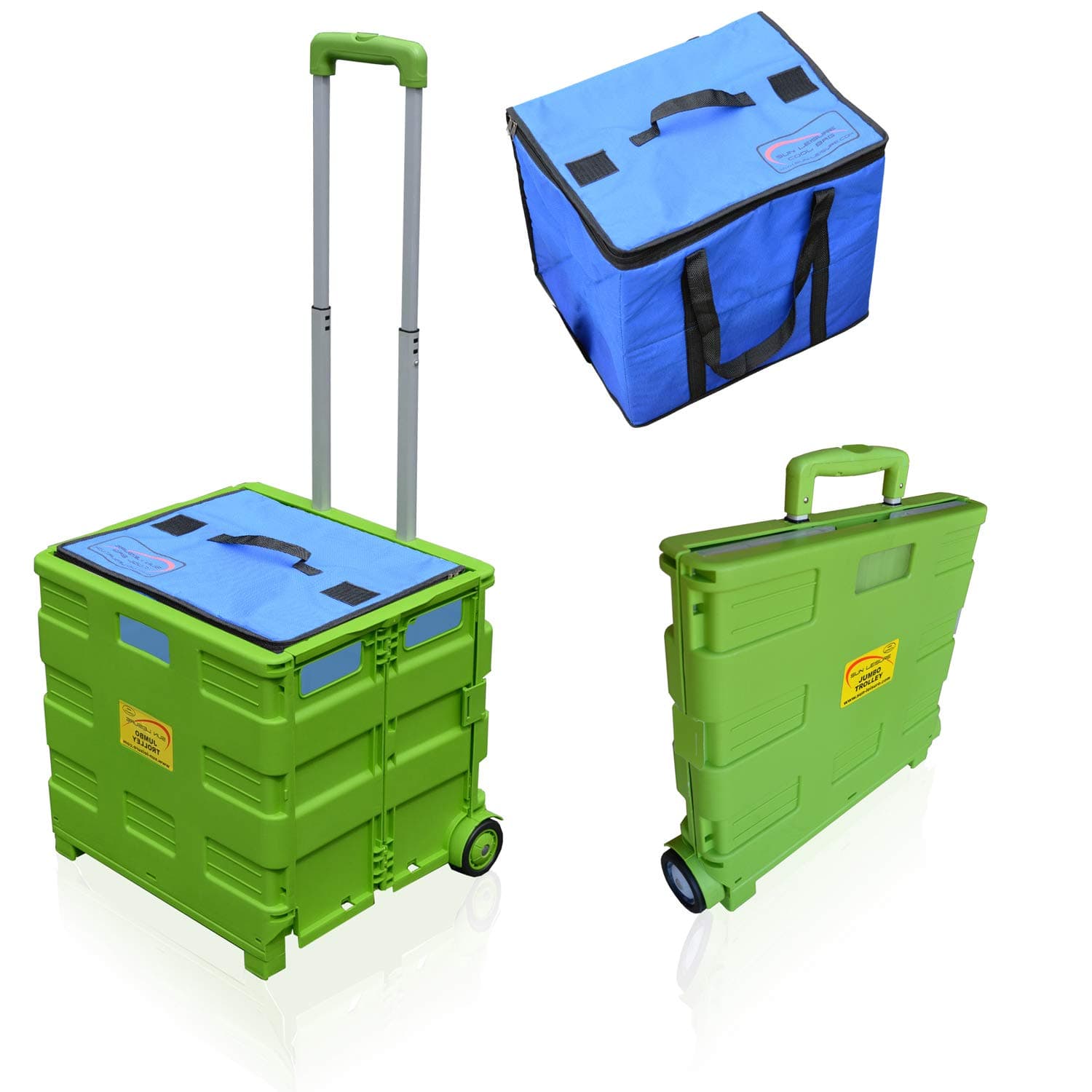 Sun Leisure Heavy Duty 40kg Pack & Go Foldable Portable Shopping Camping Transport Trolley (Green Trolley with Cooler Bag) …