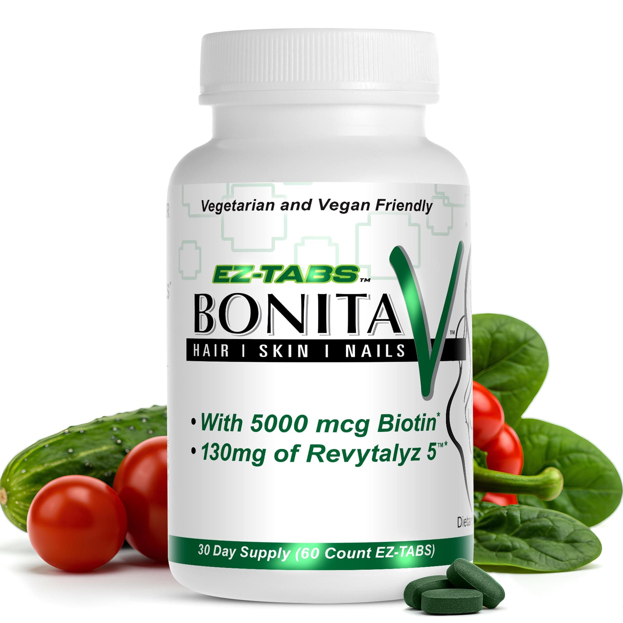 Essential Source Bonita V - Hair, Skin & Nails Vitamins for Women and Men - 20 Active Ingredients with 5000 mcg Biotin - Revytalyz 5 Collagen Support Blend - Easy-Swallow Vegan Tablets (60 EZ-TAB)
