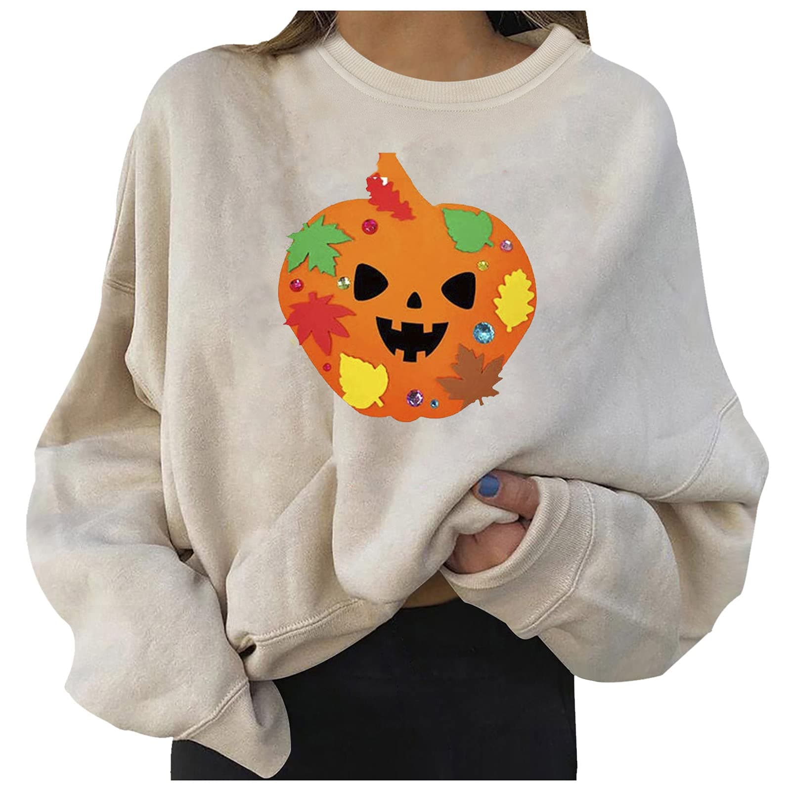 Women Crew Neck Sweatshirts Long Sleeve Oversized Pullover Teen Girls Pumpkin Print Loose Casual Sweaters Plus Size
