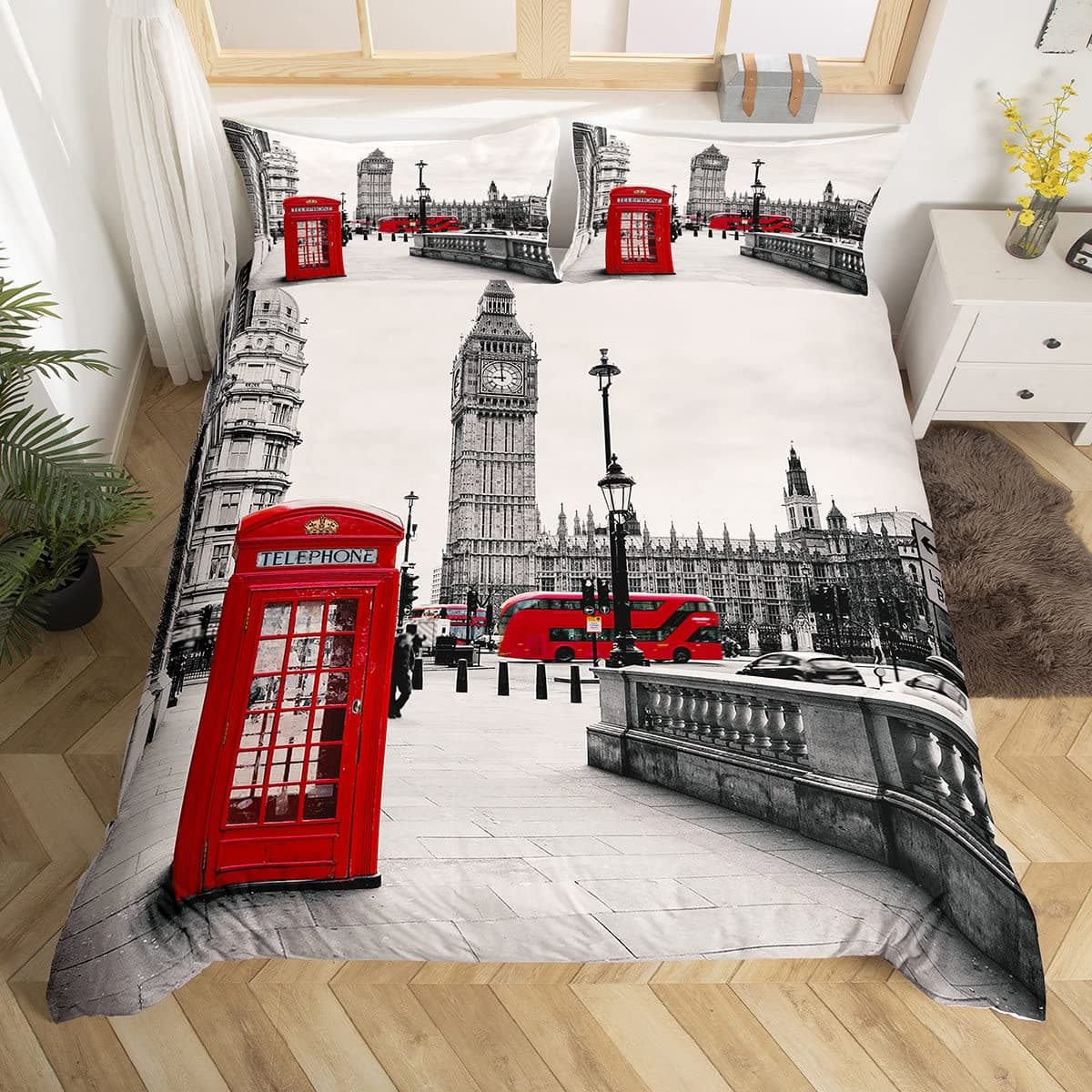 London Duvet Cover Twin Size, Telephone Booth The Big Ben Bedding Set for Kids Girls Boys Adults Room Decor Red Grey Comforter Cover Set Nostalgic Retro United Kingdom Bedding with 1 Pillow Shams Soft