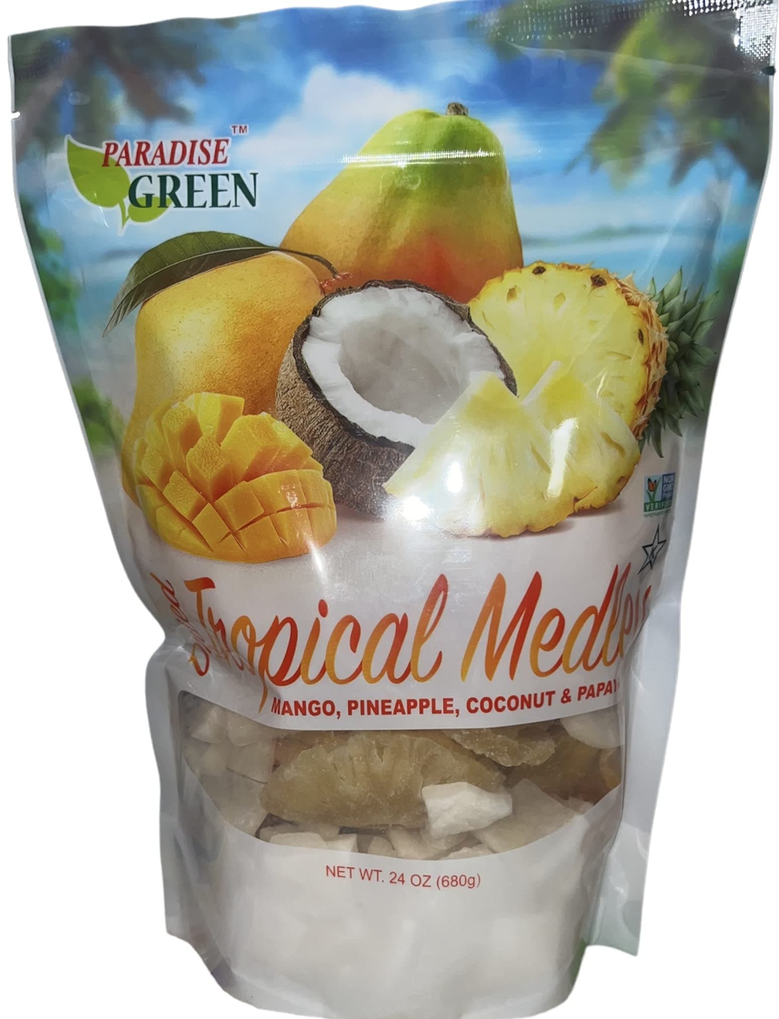 DRIED TROPICAL MEDLEY ,MANGO , PINEAPLLE,COCONUT AND PAPAYA PARADISE GREEN