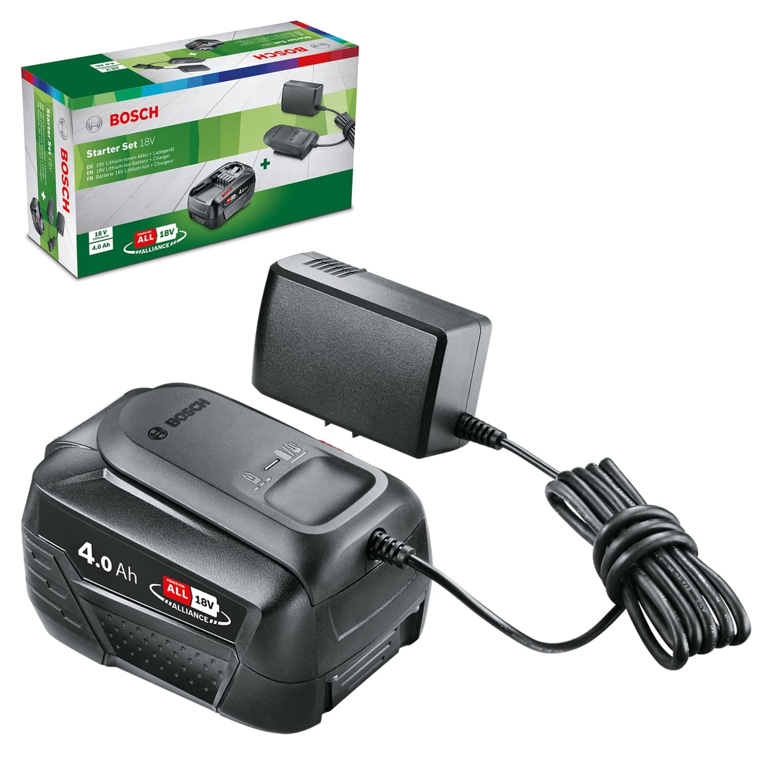 Askshy Bosch Starter Set 18 V batteria e caricabatteria (batteria da 4,0 Ah, caricabatteria AL 18V-20, sistema 18 Volt, in confezione di cartone)