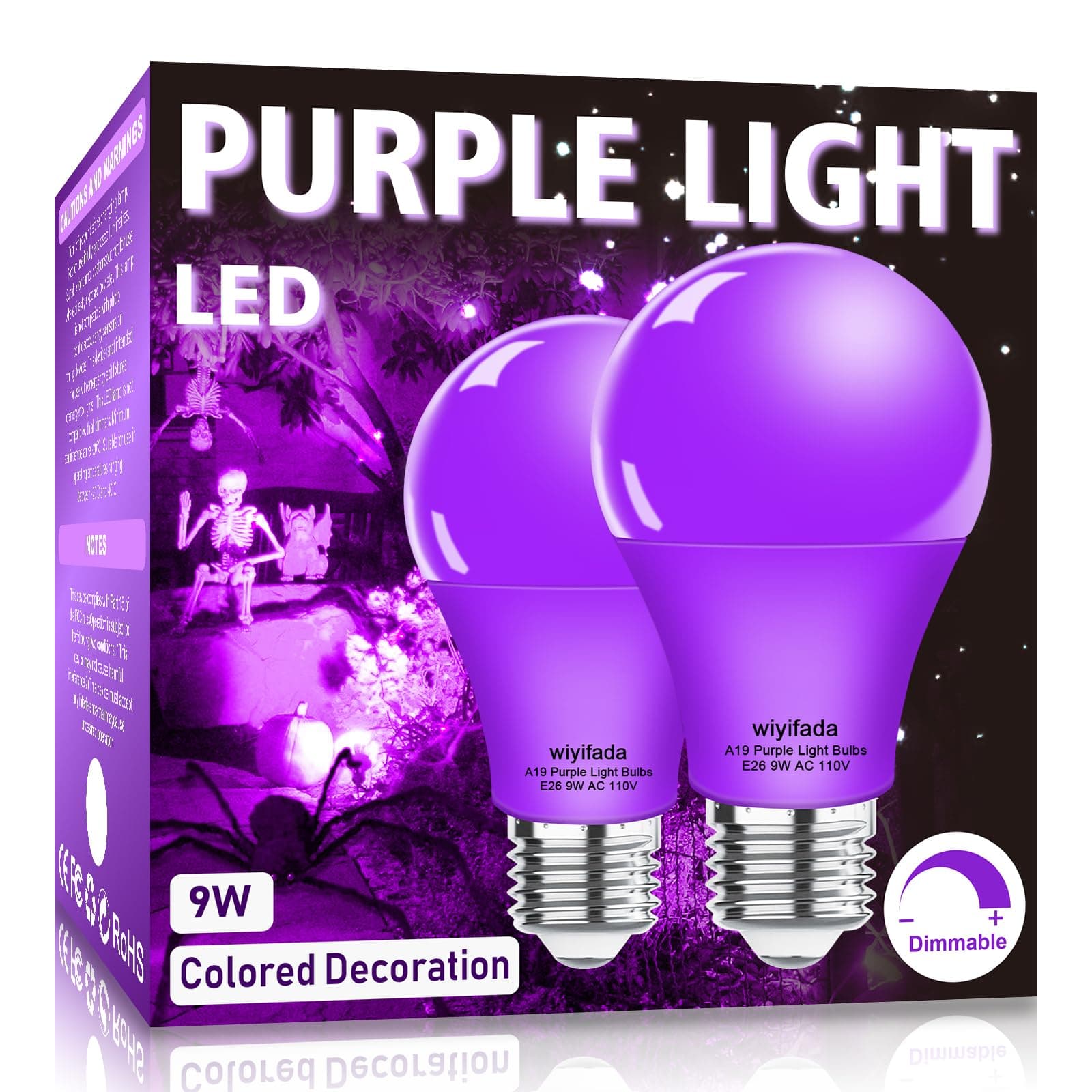 LED A19 Purple Light Bulb 2 Pack, 9W Purple LED Light Replace Up to 100W, E26 Base AC110V Dimmable Colored Light Bulb for Porch, Home Lighting, Party Decoration, Holiday Lighting