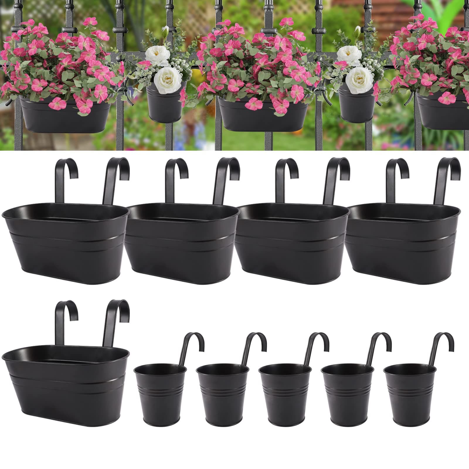 HowRU Metal Iron Flower Pots for Railing Fence Hanging Bucket Pots(5 Pcs) and Hanging Flower Pots Metal Iron Bucket Planter(10 Pcs) (Black)