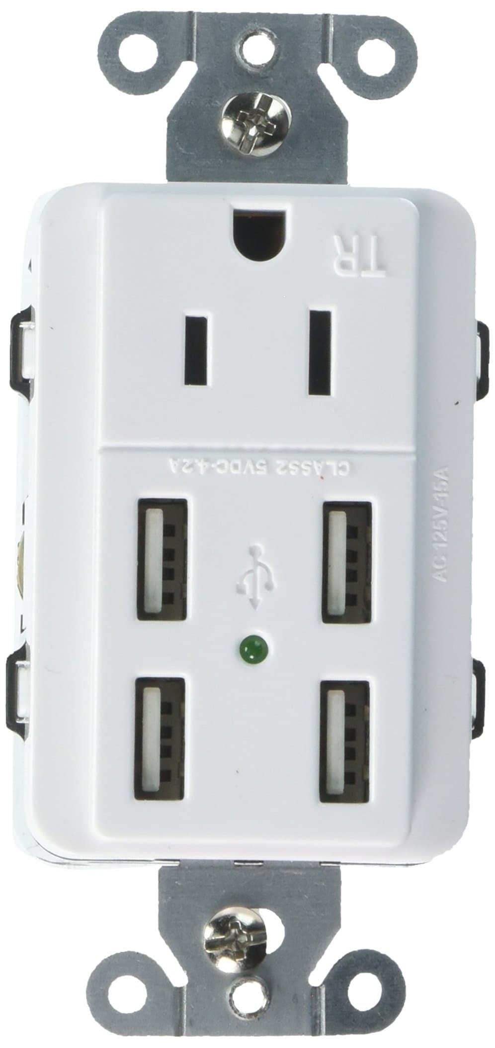 UL Listed U-Socket ACE 9105 15-Amp AC Wall Outlet/Receptacle with 4 Built-In USB Charger Ports, Tamper Resistant, White - Fast 4.2 Amps charging.
