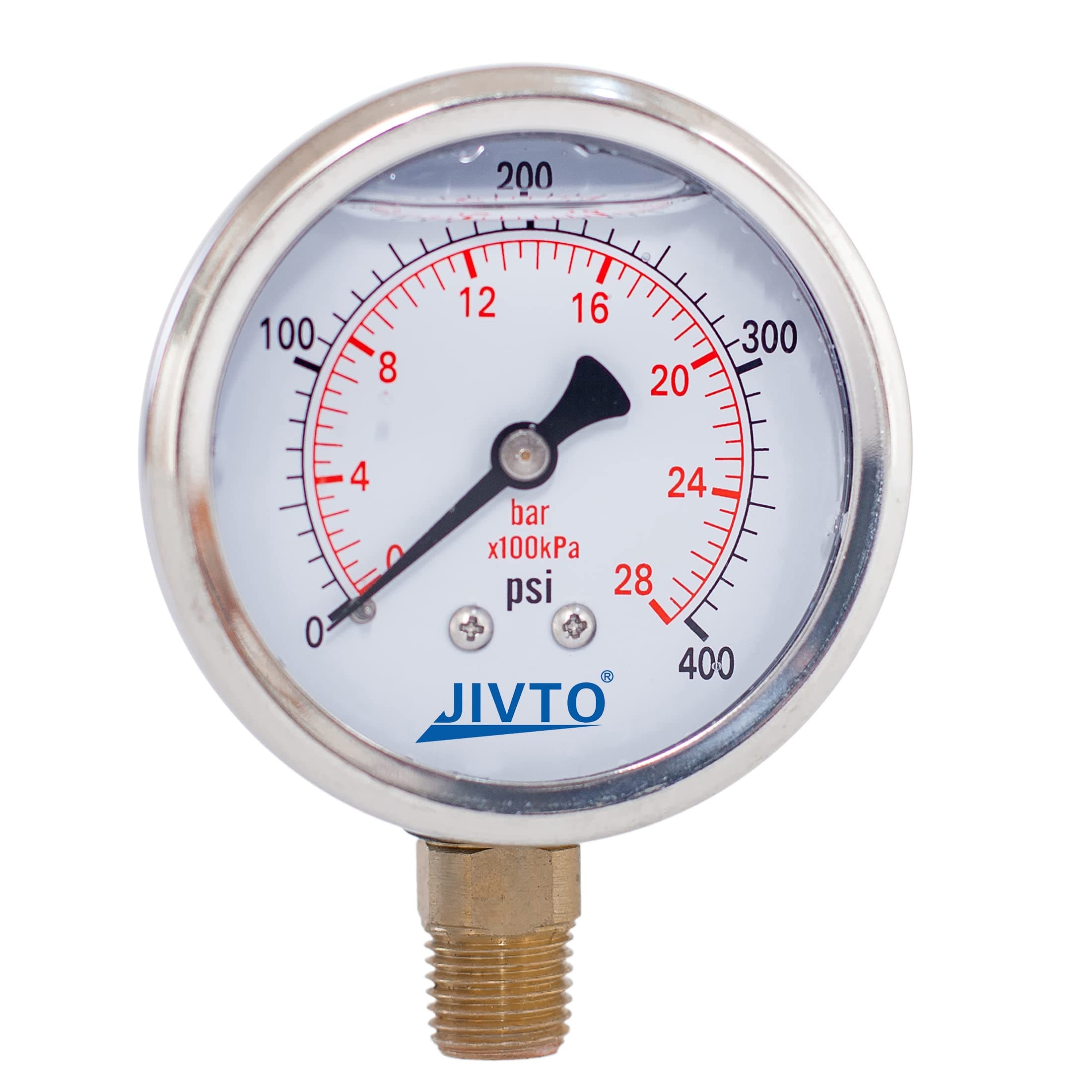 Pressure Gauge,Liquid Filled,2.5" Dia,0-400 psi/bar/kpa,1/4" NPT Lower Mount, Polycarbonate Lens Window, Stainless Steel case