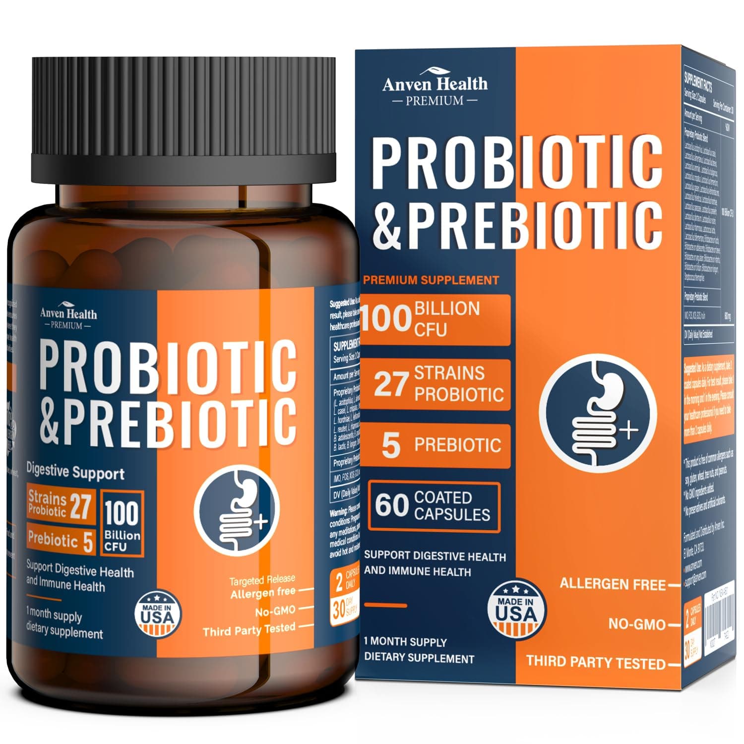 - 100 Billion Probiotics for Men and Women 27 Strains 5 Organic Prebiotics for Gut Digestive & Immune Health, Supports Diarrhea Gas Bloating, Non-GMO, Zero Fillers – Made in USA丨60 Caps
