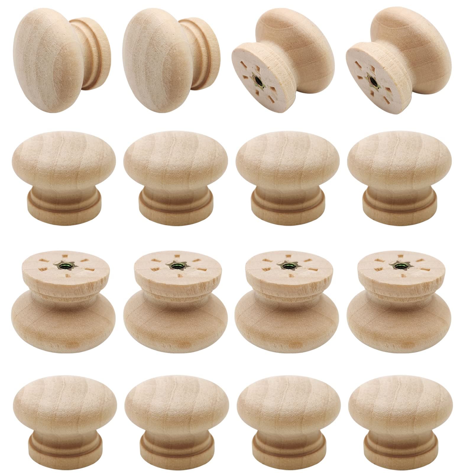 16PCS Unfinished Wood Dresser Knobs, Mushroom Wooden Cabinet Knobs, Round Wood Drawer Pulls Handle (Diameter: 1.3", Height: 1")