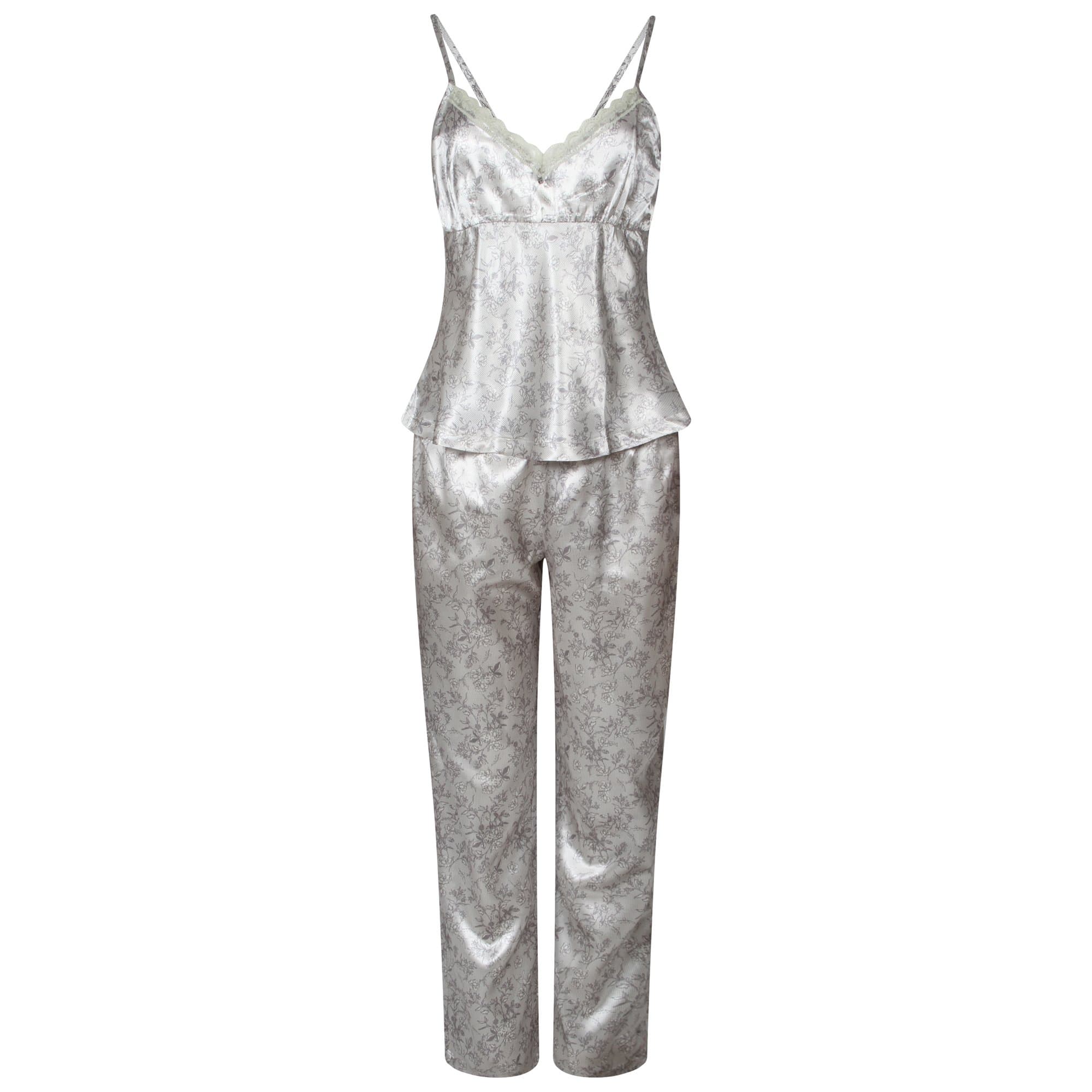 Ladies 3 Piece Satin Pyjama Set Womens Vest Lace Shorts PJ's Nightwear (M, Floral)
