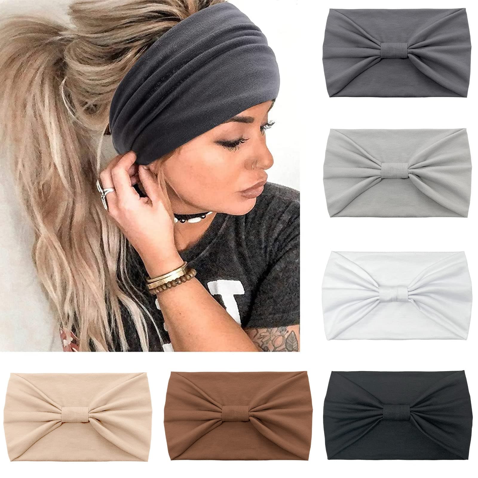 Kavya 6 Pcs Headbands for Women's Hair - Wide Soft Ladies Boho Fashion Bandanas Knot Adult Scarfs Elastic Fashion Yoga Hair Bands - Grey