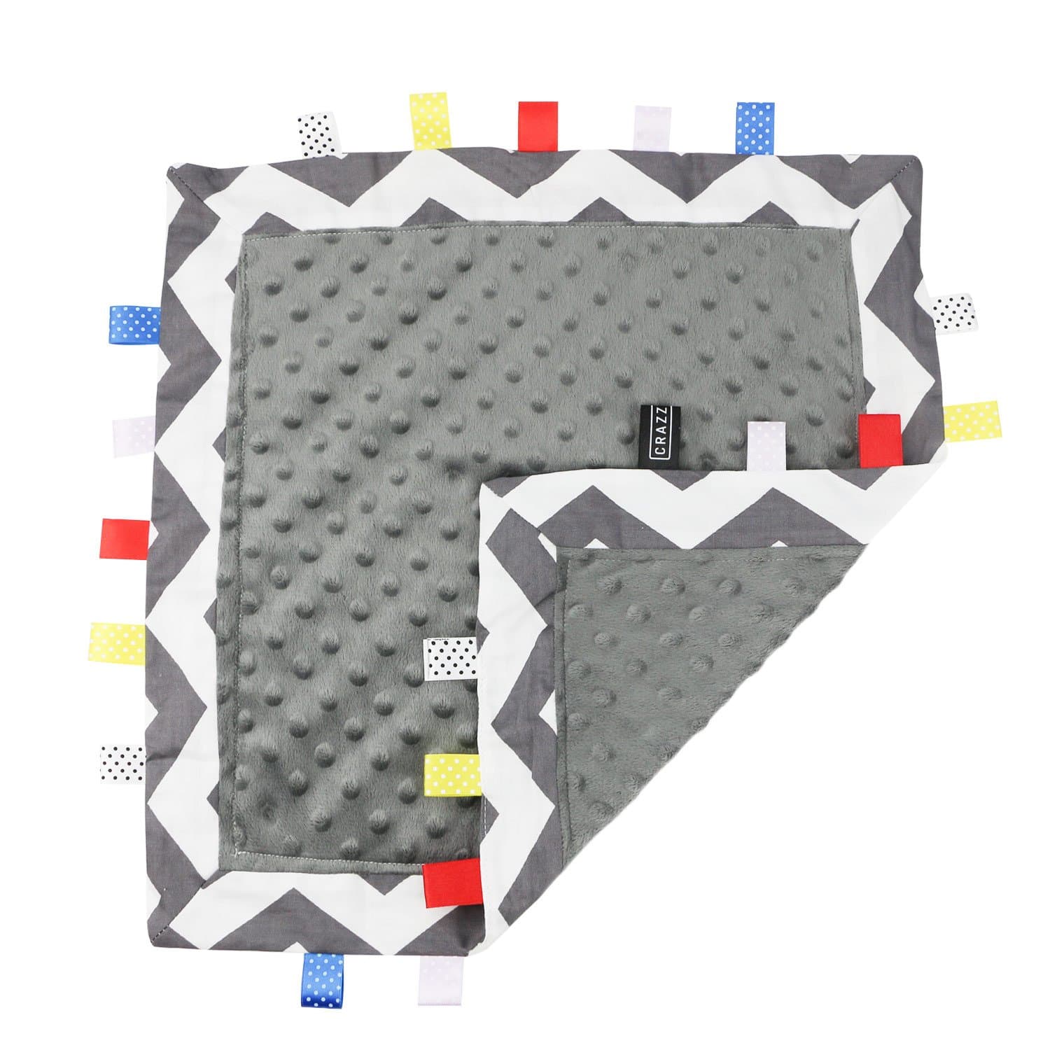 TAGZ Taggies Blanket for Infant by CRAZZIE (Grey Zigzag with Grey Dot-Minky)