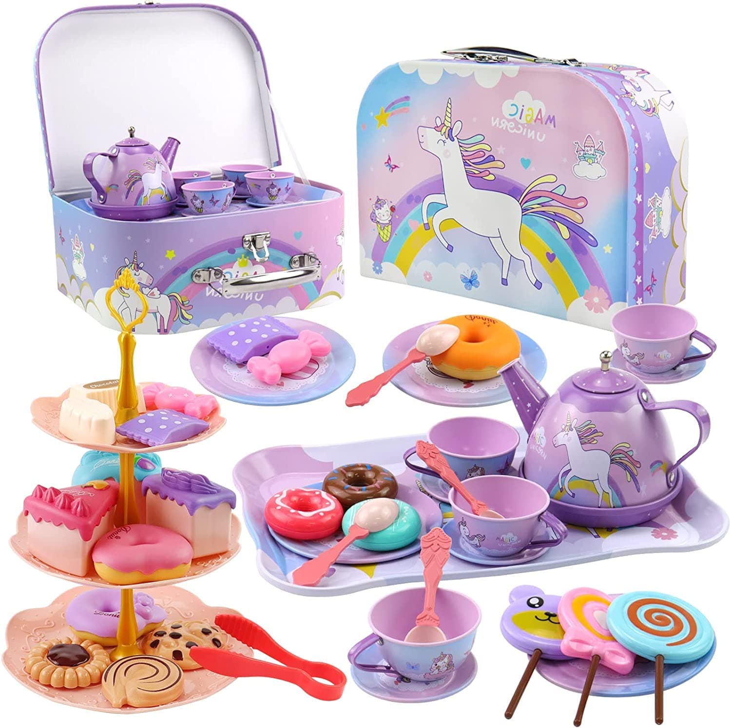 48Pcs Tea Set for Little Girls,Kids Pretend Toy Tin Tea Set and Carrying Case,Rainbow Magic Unicorn Design for Girls Princess Boys 3-6 (Unicorn Tin Teapot Set)
