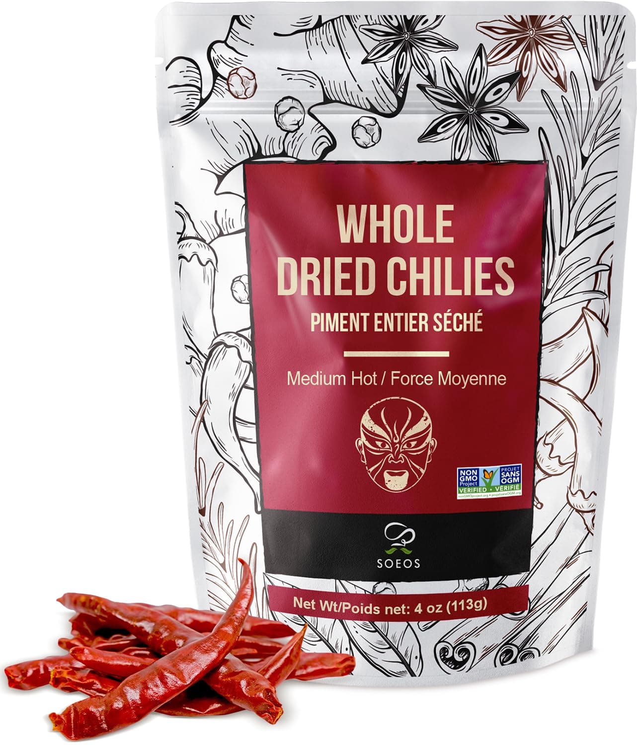Soeos Hot Dried Chili, Szechuan Dried Chili，Dry Szechuan Pepper, Dry Chile Peppers, Sichuan Pepper, Dried Red Chilies, 4oz (Medium Hot).