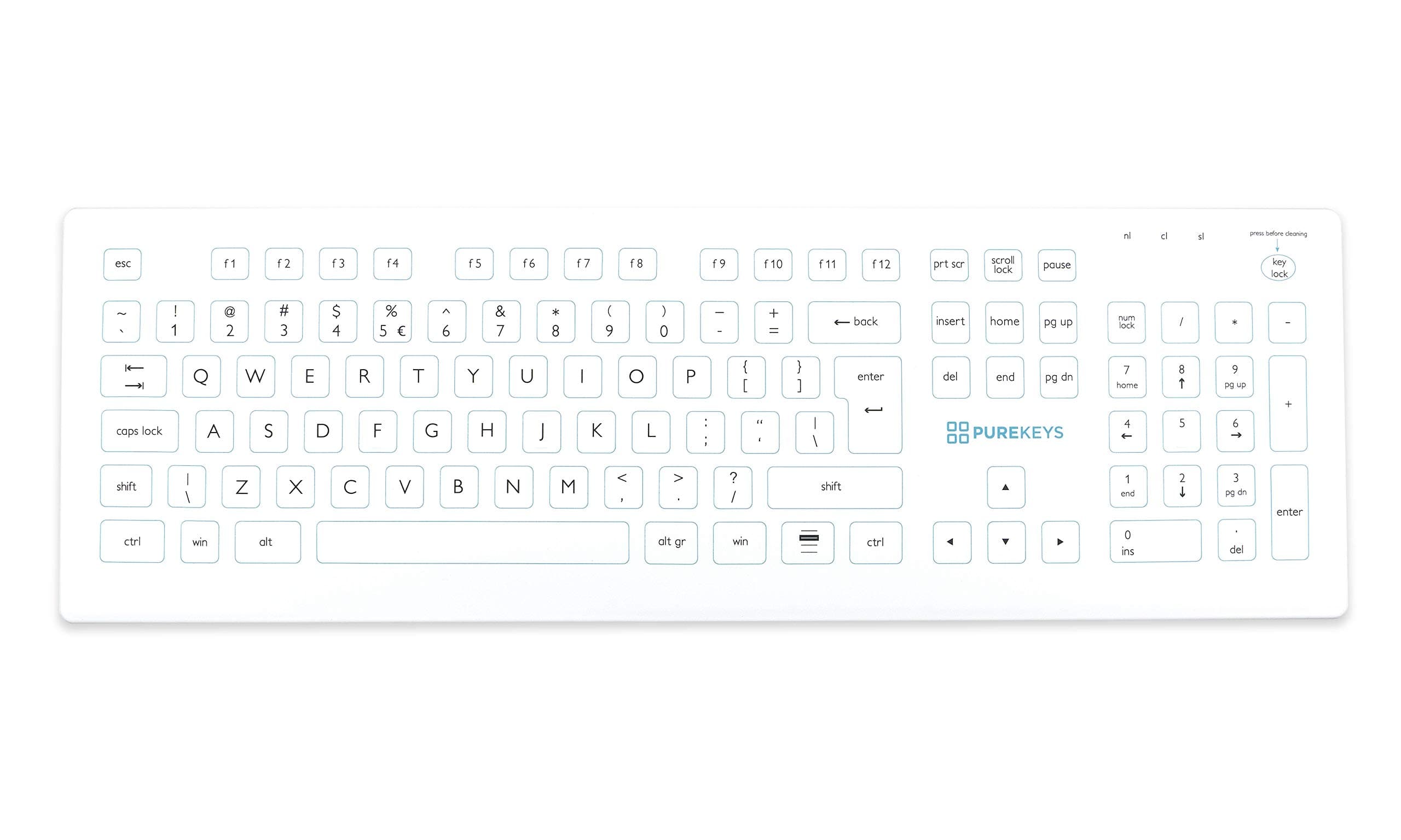 PUREKEYS Medical Keyboard Full Size Wireless White for Hospital, Dentist, Cleanroom, Laboratory and Industrial. Easy to Clean Hygienic Flat and Flexible Silicone