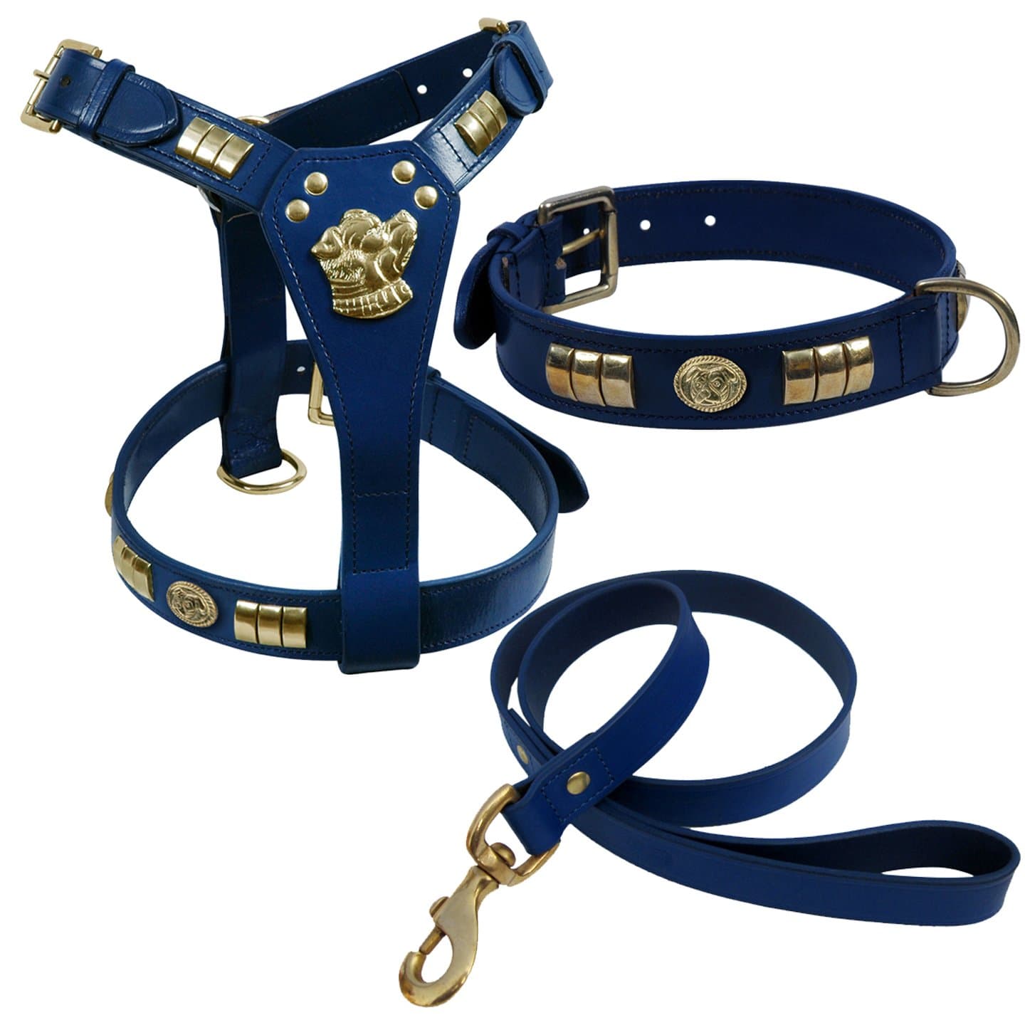 STAFFORDSHIRE BULL TERRIER DOG HARNESS WITH DOG FACE, COLLAR AND LEATHER LEAD SET IN BRASS FITTING (ROYAL BLUE)
