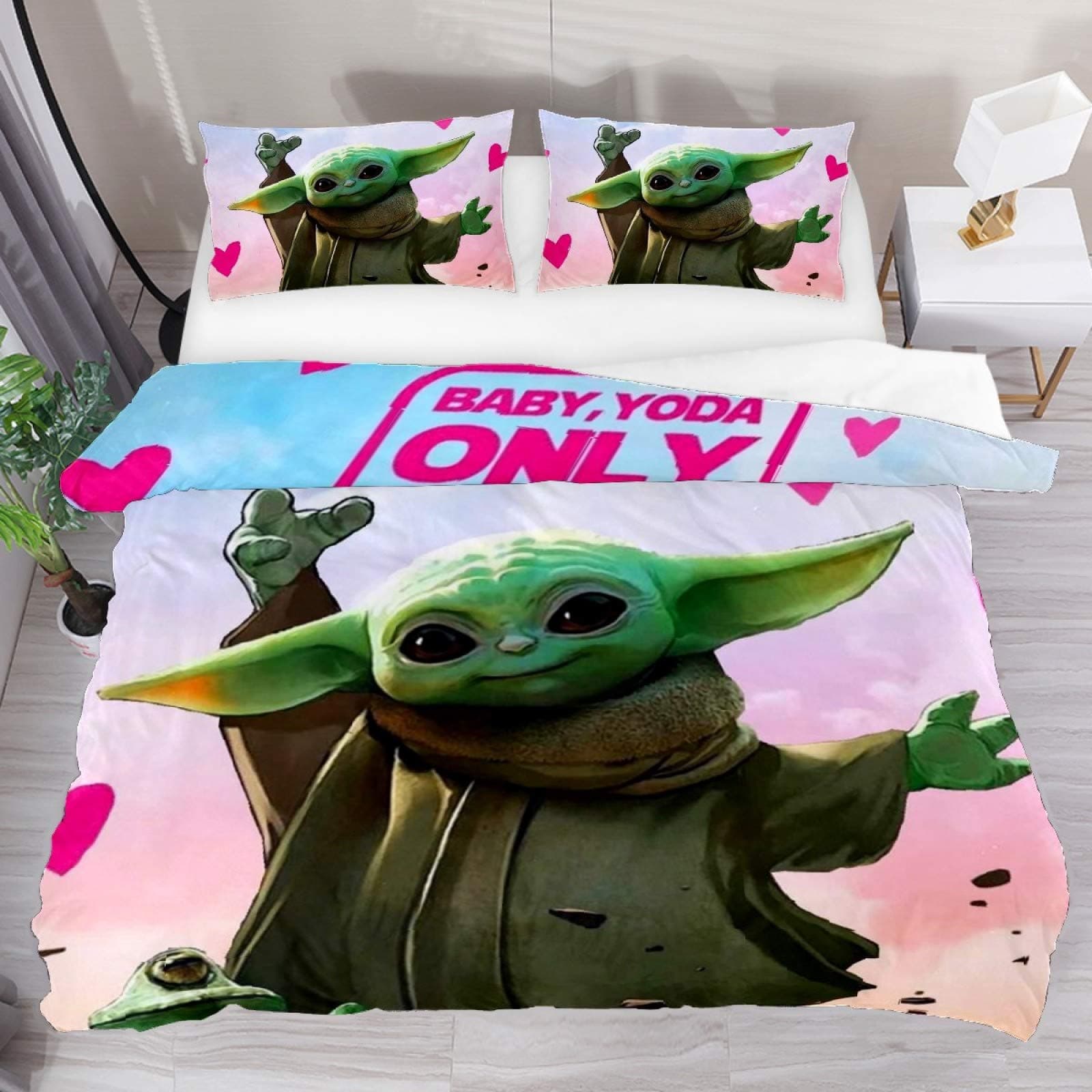 3pcs Baby Yoda Pink Heart Bedding Duvet Cover Set Extra Long Twin Soft Breathable Comforter Cover Sets with Zipper Closure for Kids Teens Boys Girls Women Men Bedroom Decor with 2 Pillowcases