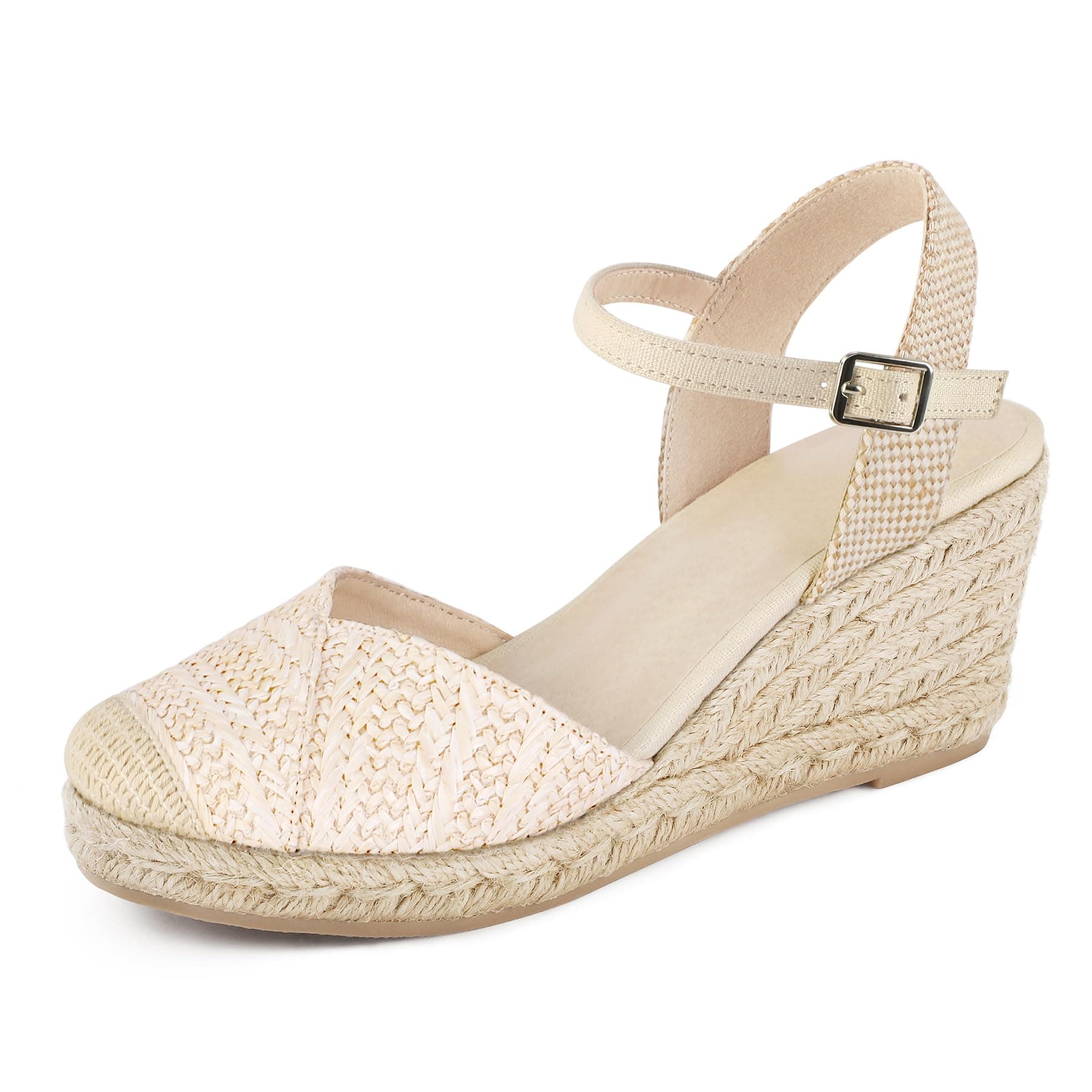 QoneticWomen's Closed Toe Platform Sandals Summer Buckle Ankle Strap Espadrilles Wedge Sandals