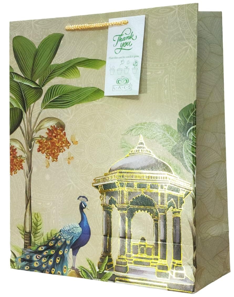 LAKS BUNDLE OF LOVE® - Gift bags - Paper Bags - Paper Bags For Return Gifts - Return gift bags - Gift bags Medium Size - 12x10x4 inch - With Seed Paper Thank You Card (Green, Pack of 5)