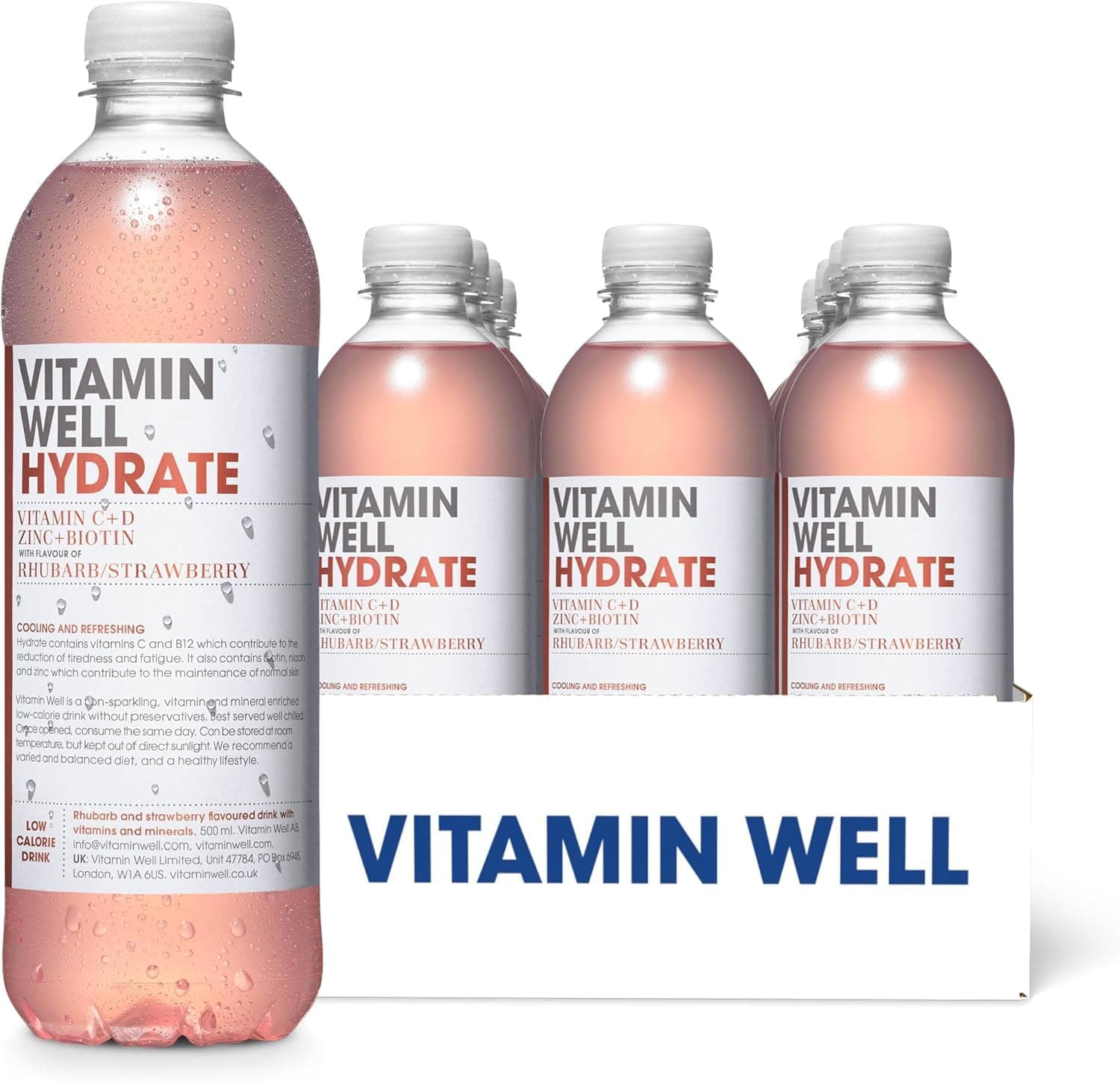Vitamin Well Rhubarb & Strawberry Flavouredwater– Packed with Vitamin C, D, Zinc, Biotin, Low Calorie – 12 x 500ml (HYDRATE)