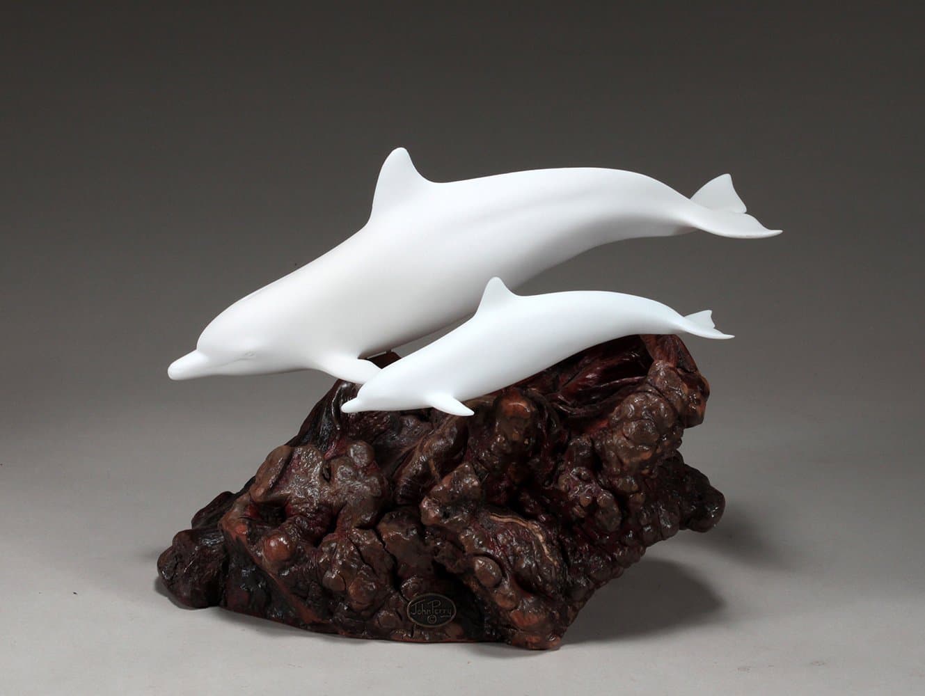 Dolphin Mother & Calf Sculpture by John Perry Pellucida 13in Long Large Statue