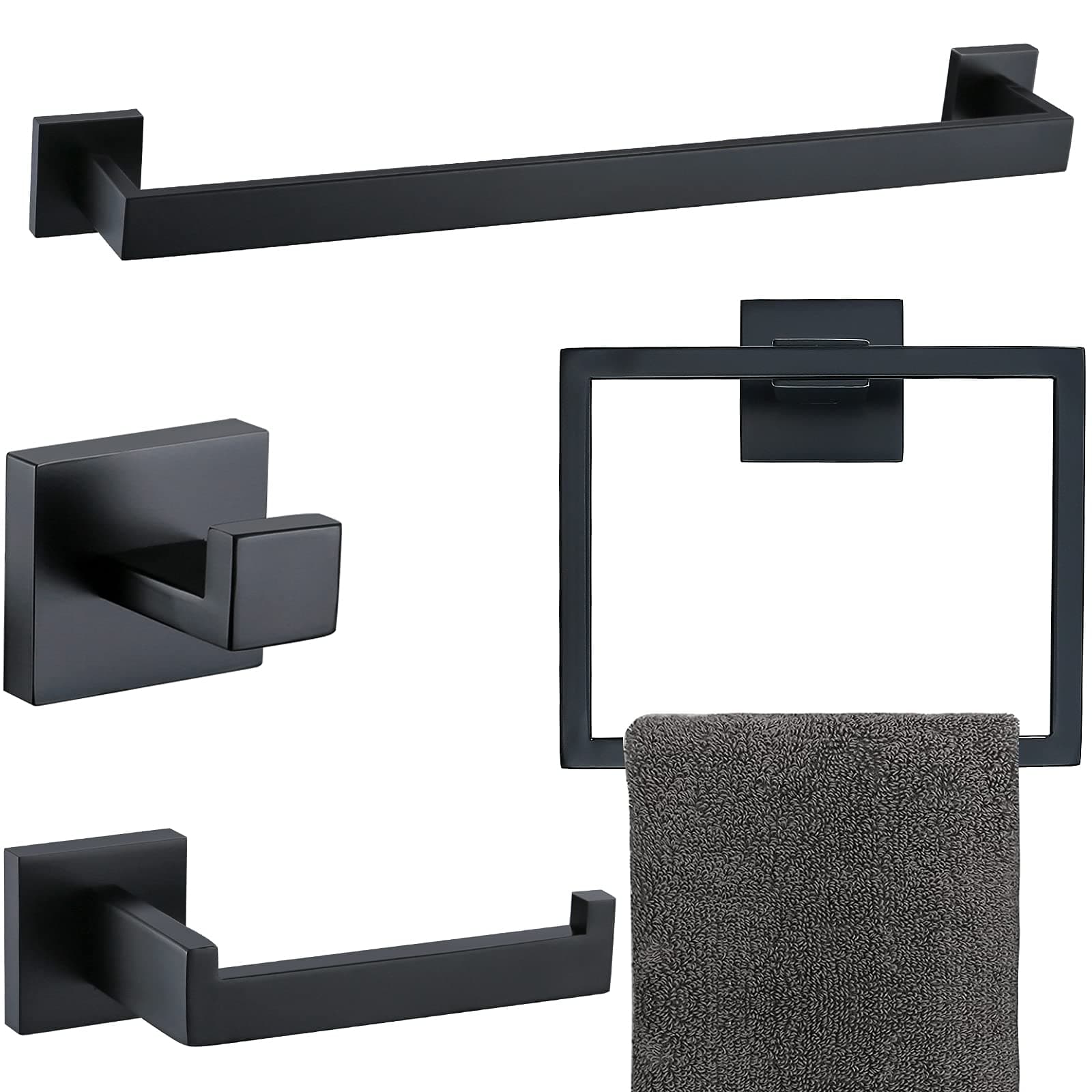 TQKAG Bathroom Towel Bar Sets Matte Black 4-Piece Bathroom Hardware Set Stainless Steel Bath Accessories Kit. Wall Mounted,23.6 Inch