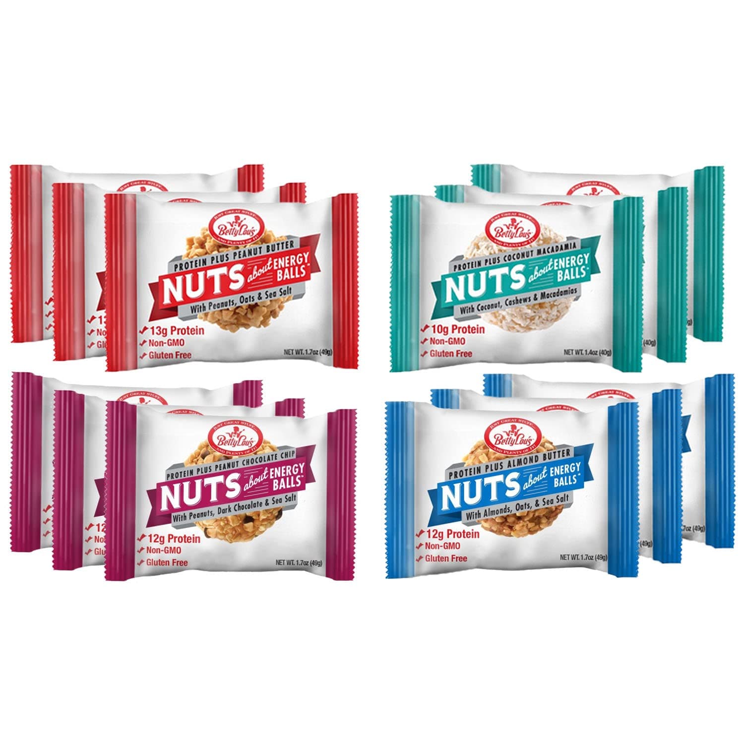 Betty Lou's Protein Plus Variety Pack Energy Balls, Gluten Free, Non GMO, High Fiber, No Refined Sugars, Healthy Energy Bites Adults & Kids, Individually Wrapped (12 Pack)