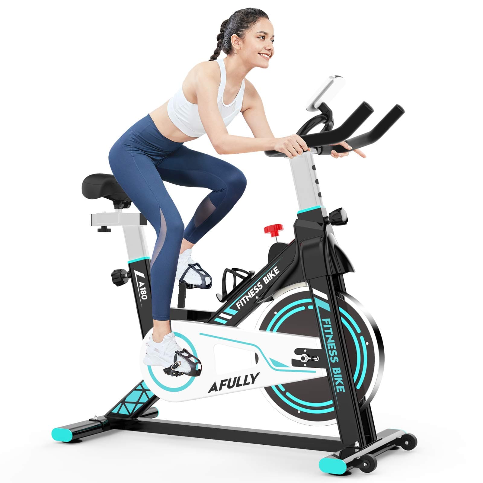 Afully Indoor Exercise Bike, Indoor Cycling Stationary Bike Belt Drive with Adjustable Resistance, LCD Monitor, Pad/Phone Holder, Comfortable Cushion, Quiet for Home Cardio Workout