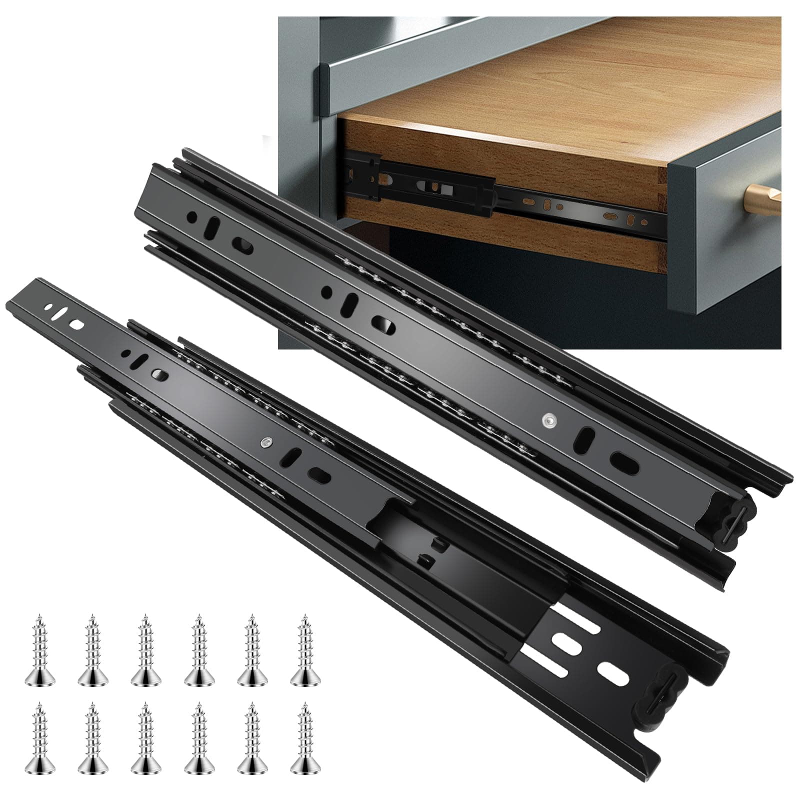 10 inch Drawer Slides 1 Pairs (2pcs) Full Extension Ball Bearing Drawer Rails Side Mount 3 fold Metal Dresser Runners for File Cabinet Trash Can Kitchen Wardrobe Glides 10" Black 100 LB Capacity