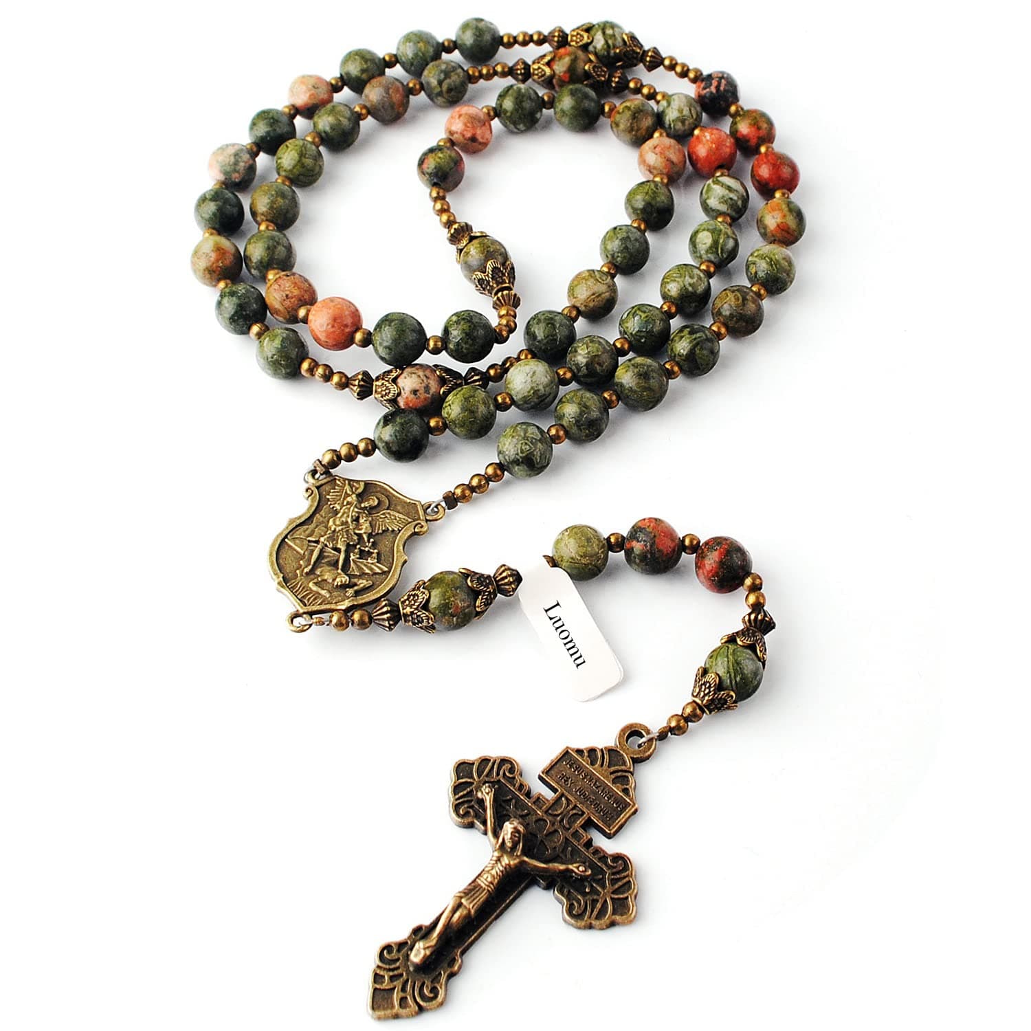 8mm Natural Stone Beads Large Rosary with Caps Miraculous Medal and Pardon Crucifix