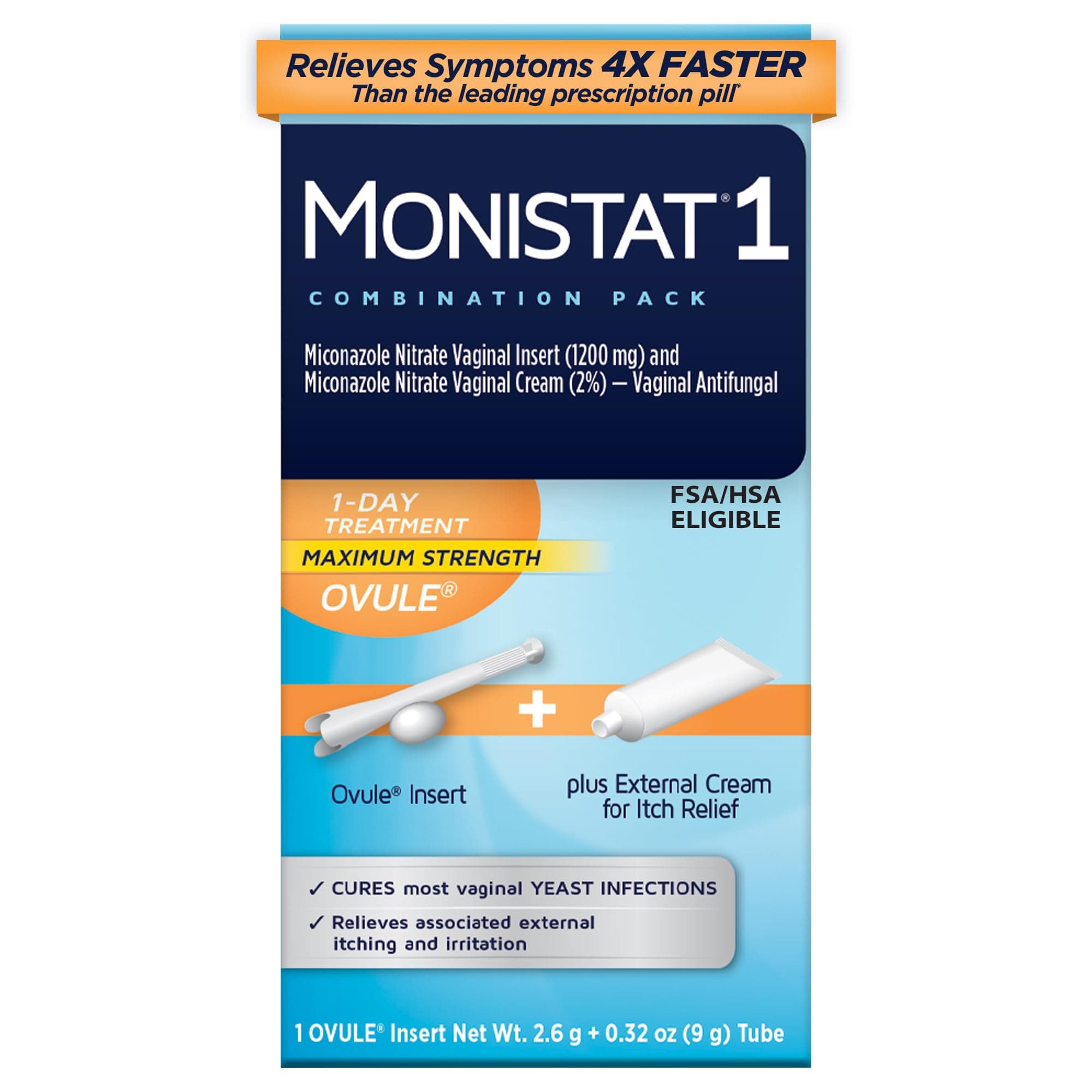 Monistat 1-Day Yeast Infection Treatment for Women, 1 Miconazole Ovule Insert & External Itch Relief Cream (9g Tube) Combo Pack, Maximum Strength