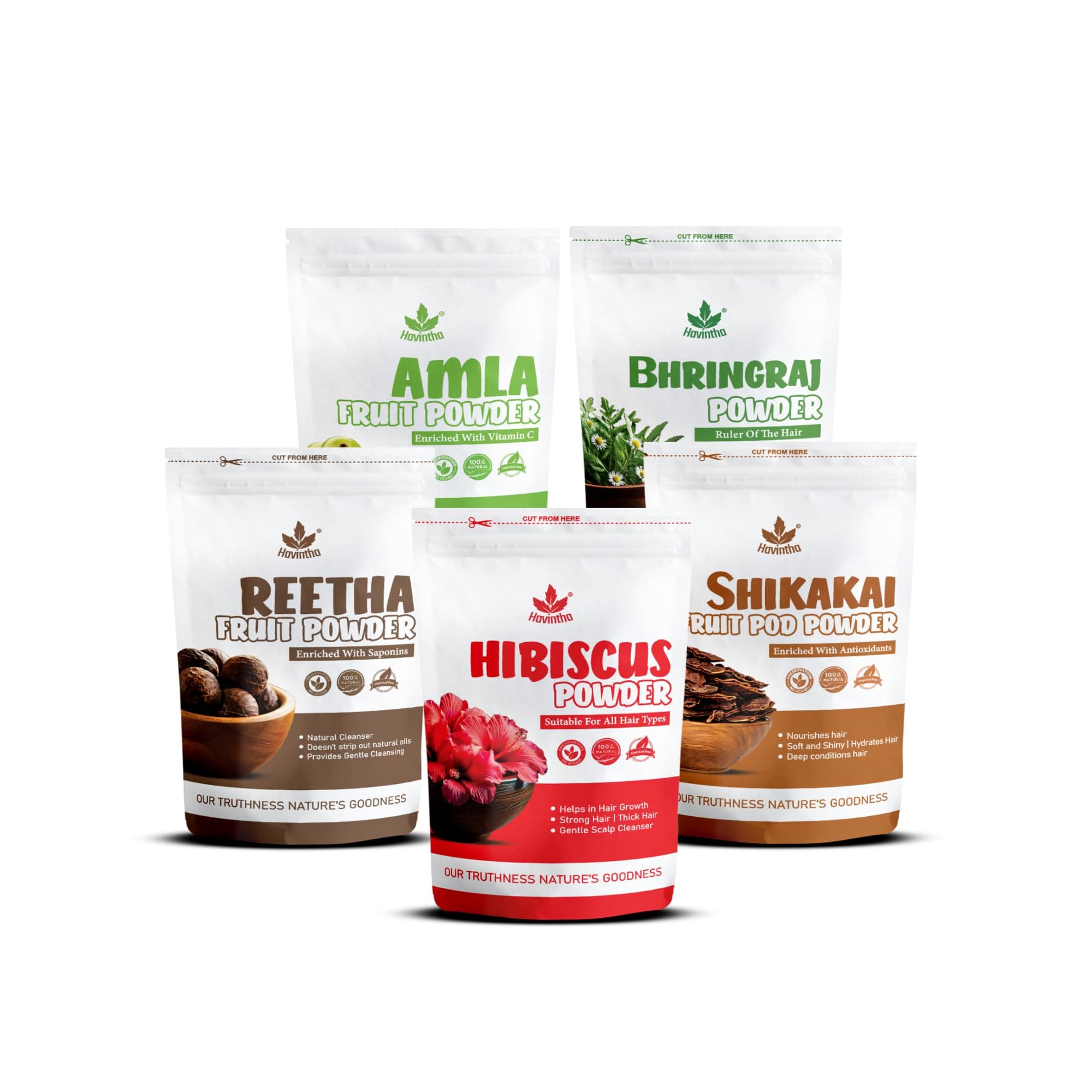 Havintha Amla, Reetha, Shikakai, Bhringraj and Hibiscus powder for Hair care (Each 50g)