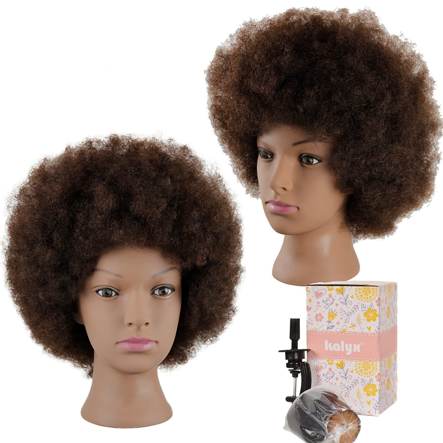 Afro Curly Hair Mannequin Head with 100% Human Hair Cosmetology Doll Head Tight Curls Hair-styling Practice Head Hairdresser Manikin Training Head with Clamp Stand