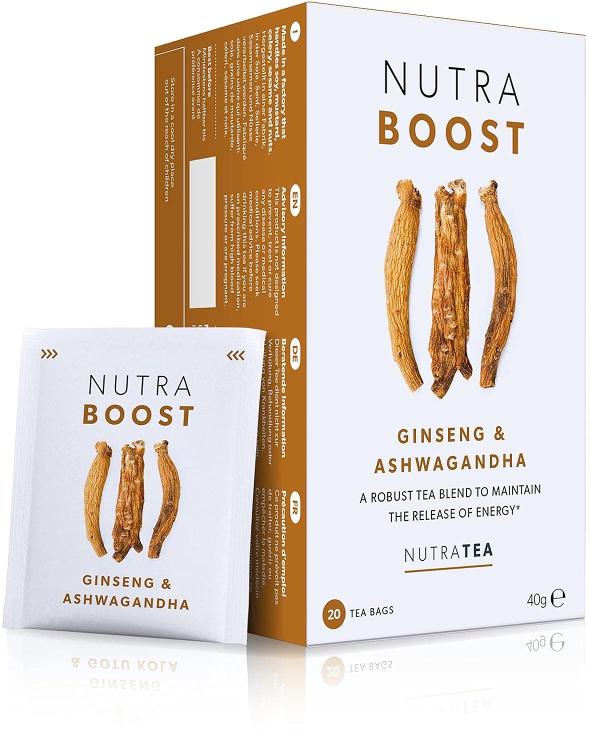 NUTRABOOST - Energy Tea - Herbal Energy Boost Tea - Helps With Tiredness And Fatigue -Includes Green Tea, Ginseng & Ashwagandha - 20 Individual Wrapped Bags - Herbal Infusion (1 Pack)
