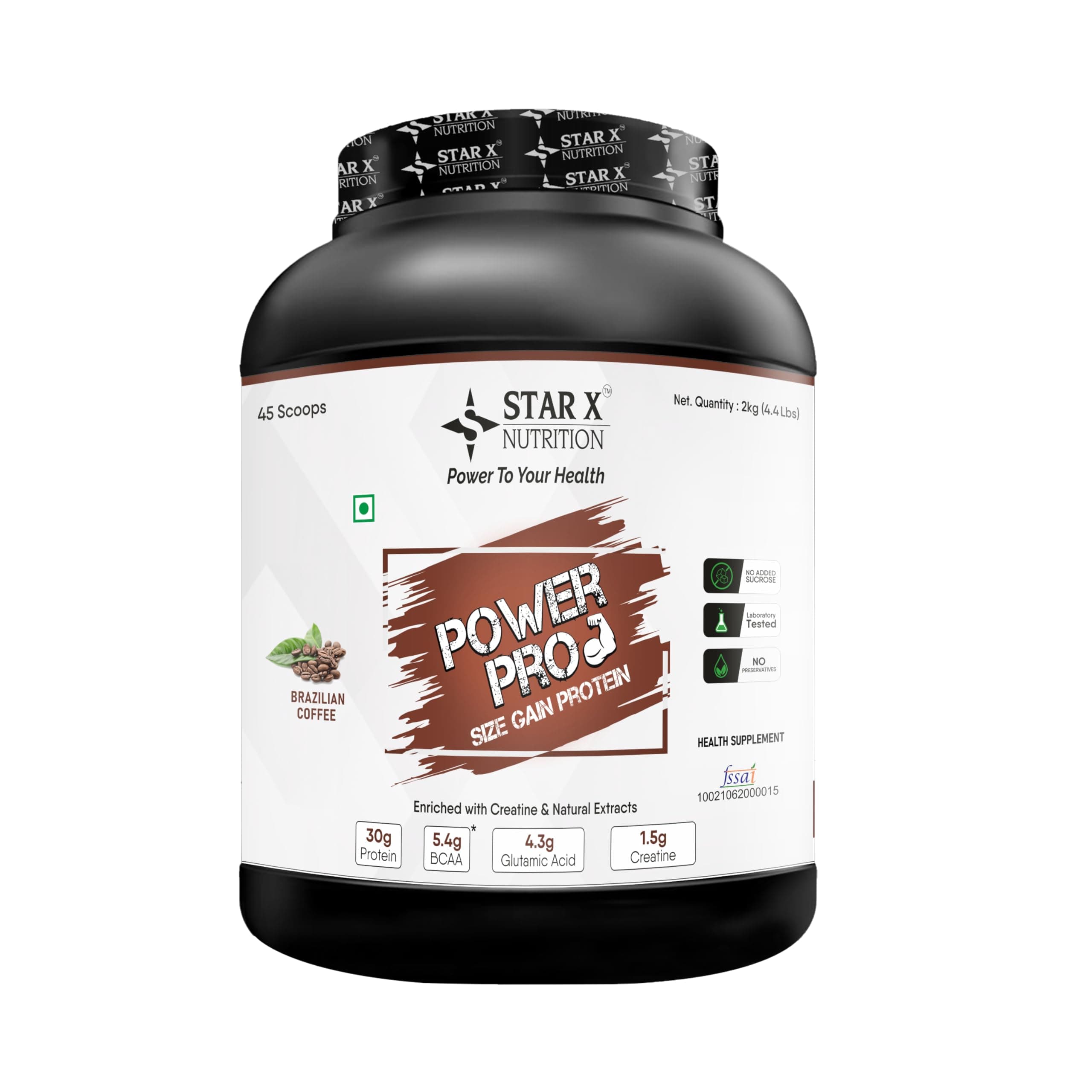 StarX Nutrition Power Pro Size Gain Protein (Brazilian Coffee, 45 Servings) - 30g Protein, 5.4g BCAA, 1.5g Creatine (2kg)